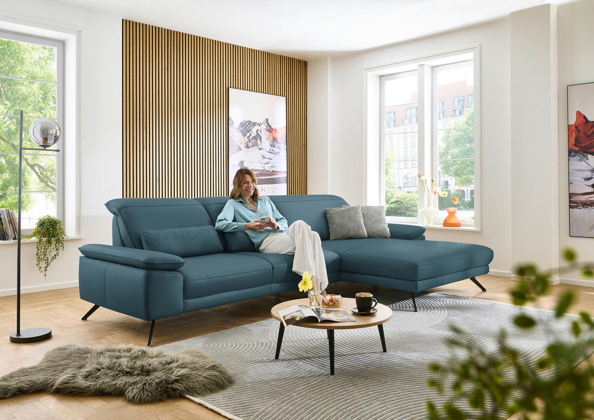 ECKSOFA in Echtleder Blau  - Blau/Schwarz, Design, Leder/Metall (332/193cm) - Dieter Knoll