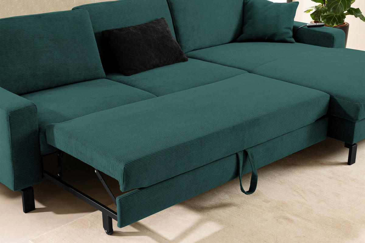 ECKSOFA in Cord Grün  - Schwarz/Grün, Design, Textil/Metall (298/185cm) - Pure Home Lifestyle