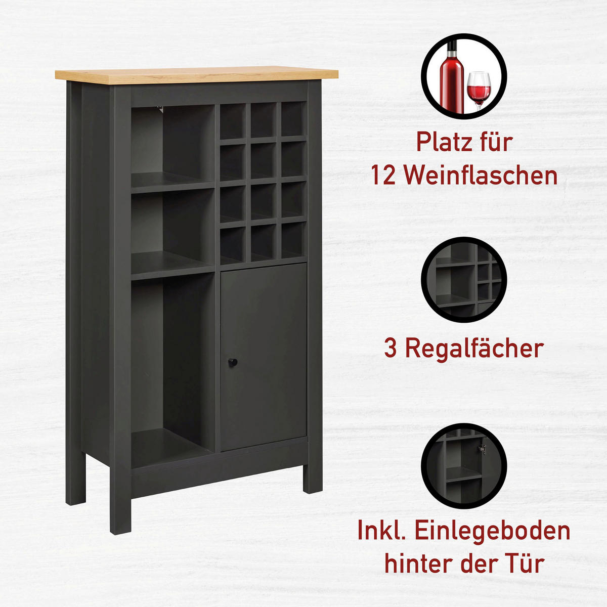 WEINSCHRANK  - Anthrazit/Schwarz, MODERN, Holzwerkstoff/Kunststoff (76,8/124,4/33cm) - home24