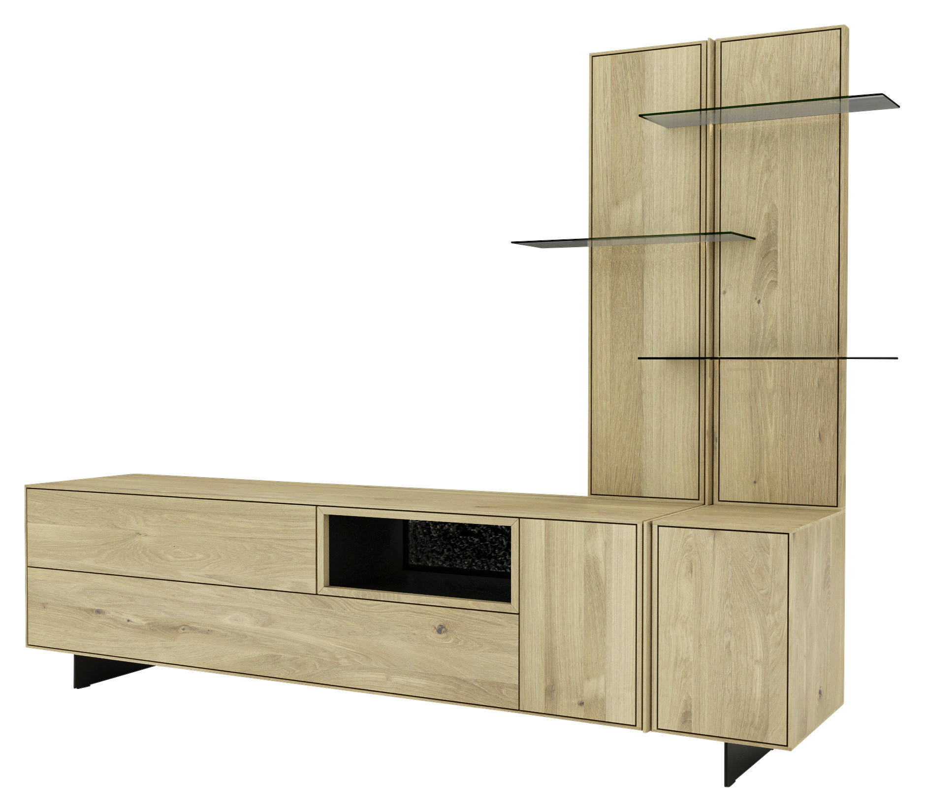 WOHNWAND  Eichefarben 248/182,8/50 cm  - Eichefarben/Schwarz, Natur, Glas/Leder (248/182,8/50cm) - Cassando