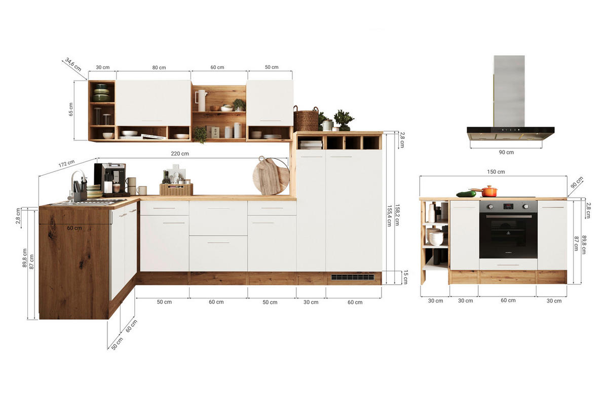 KÜCHENBLOCK 310-150 cm   in Grau  - Wildeiche/Grau, Design, Holzwerkstoff/Metall (310-150cm) - Respekta