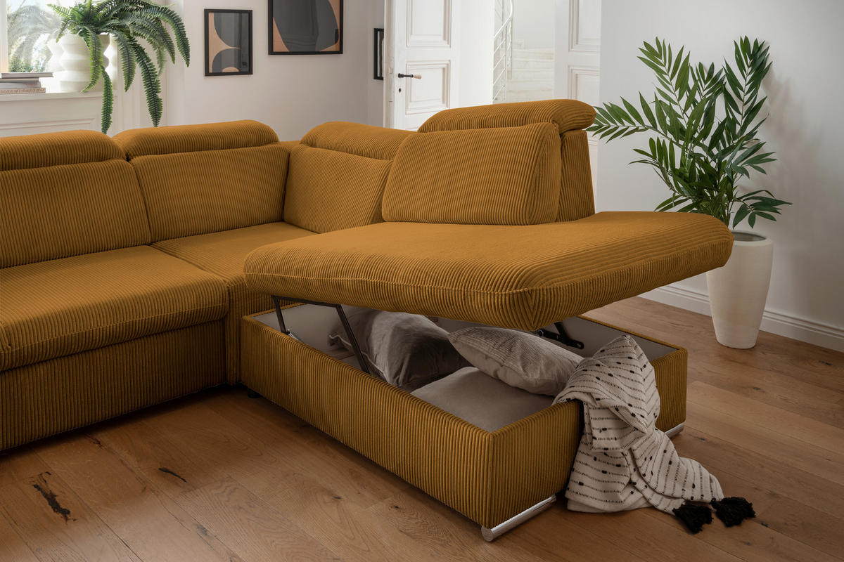 ECKSOFA in Cord Goldfarben  - Chromfarben/Goldfarben, Design, Textil/Metall (283/228cm) - Livetastic