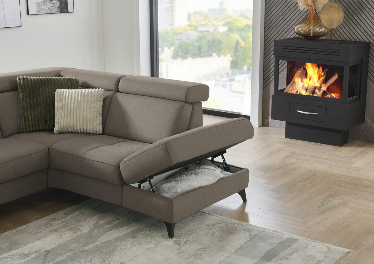 ECKSOFA Flachgewebe Graubraun  - Graubraun/Schwarz, Konventionell, Textil/Metall (276/214cm) - Beldomo System
