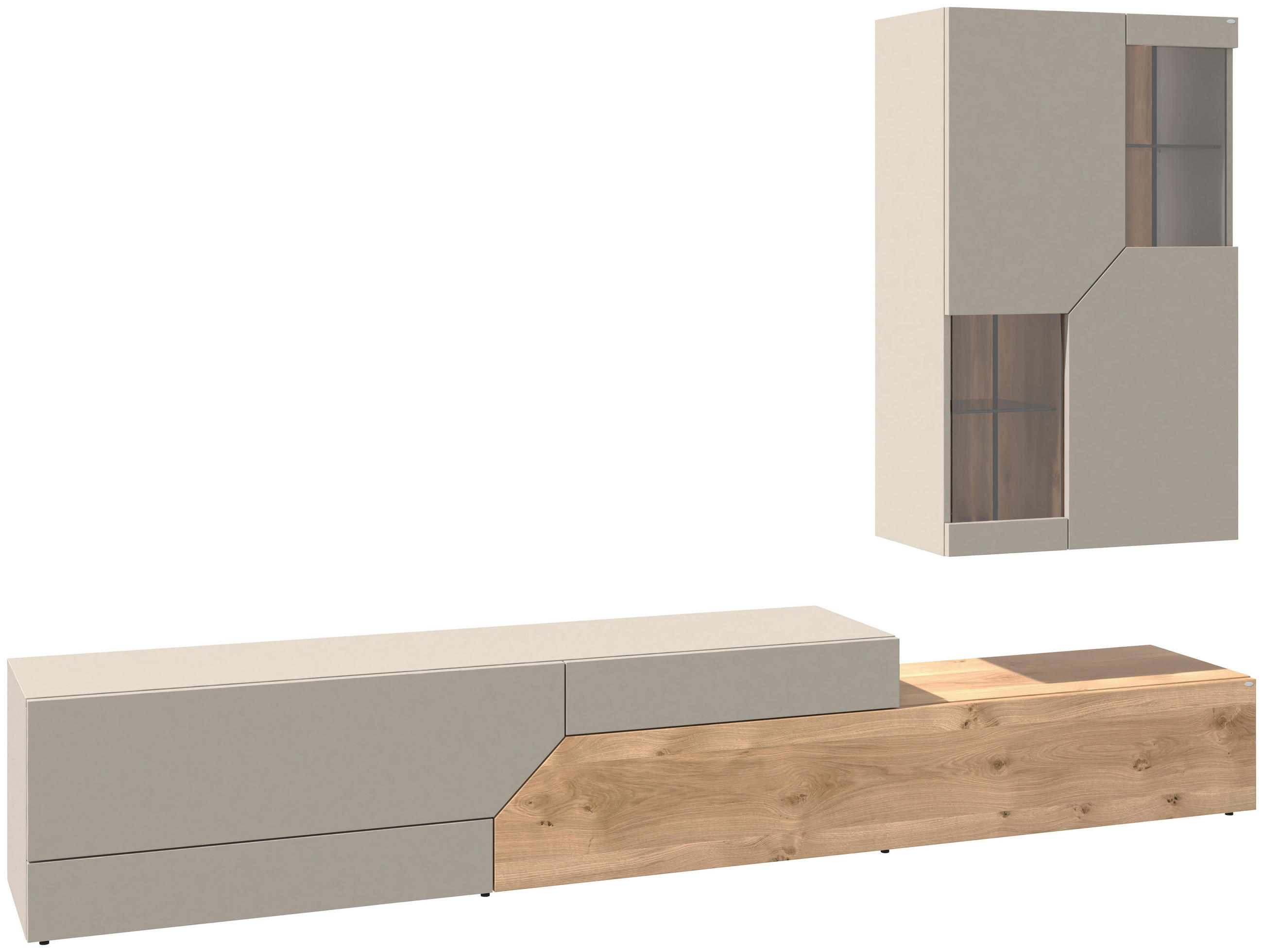 WOHNWAND 2-teilig  in Taupe, Wildeiche  288/194/45 cm  - Taupe/Wildeiche, Design, Glas/Holz (288/194/45cm) - Voglauer