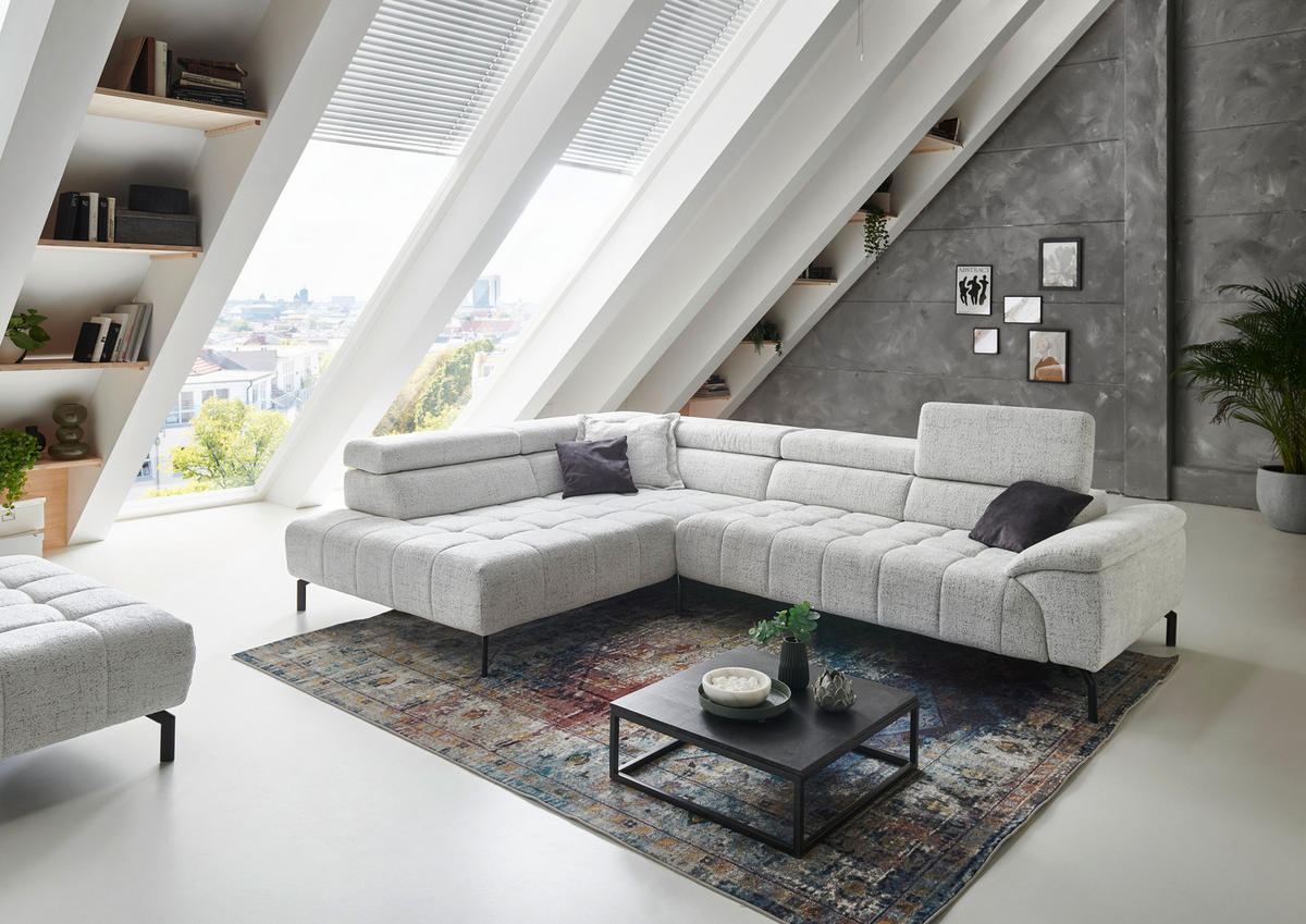 ECKSOFA in Chenille Grauweiss  - Schwarz/Grauweiss, Design, Textil/Metall (222/323cm) - Beldomo Style