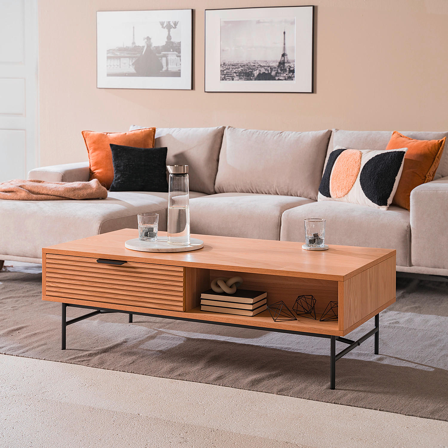 COUCHTISCH Eiche furniert 120/60/40 cm rechteckig Schwarz, Eichefarben  - Eichefarben/Schwarz, MODERN, Holz/Holzwerkstoff (120/60/40cm) - home24