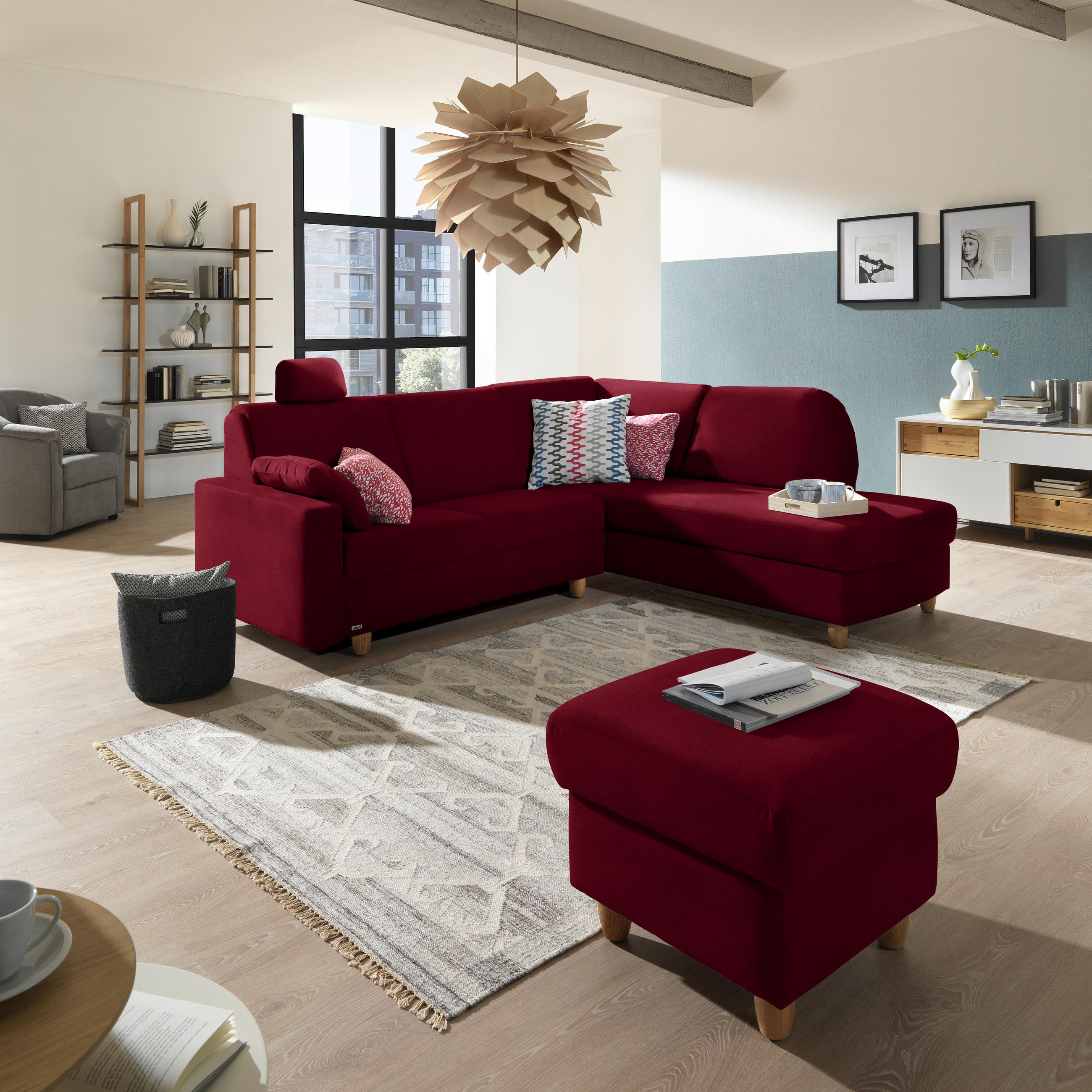 ECKSOFA in Flachgewebe Bordeaux  227/208 cm  - Eichefarben/Bordeaux, KONVENTIONELL, Holz/Textil (227/208cm) - Sedda