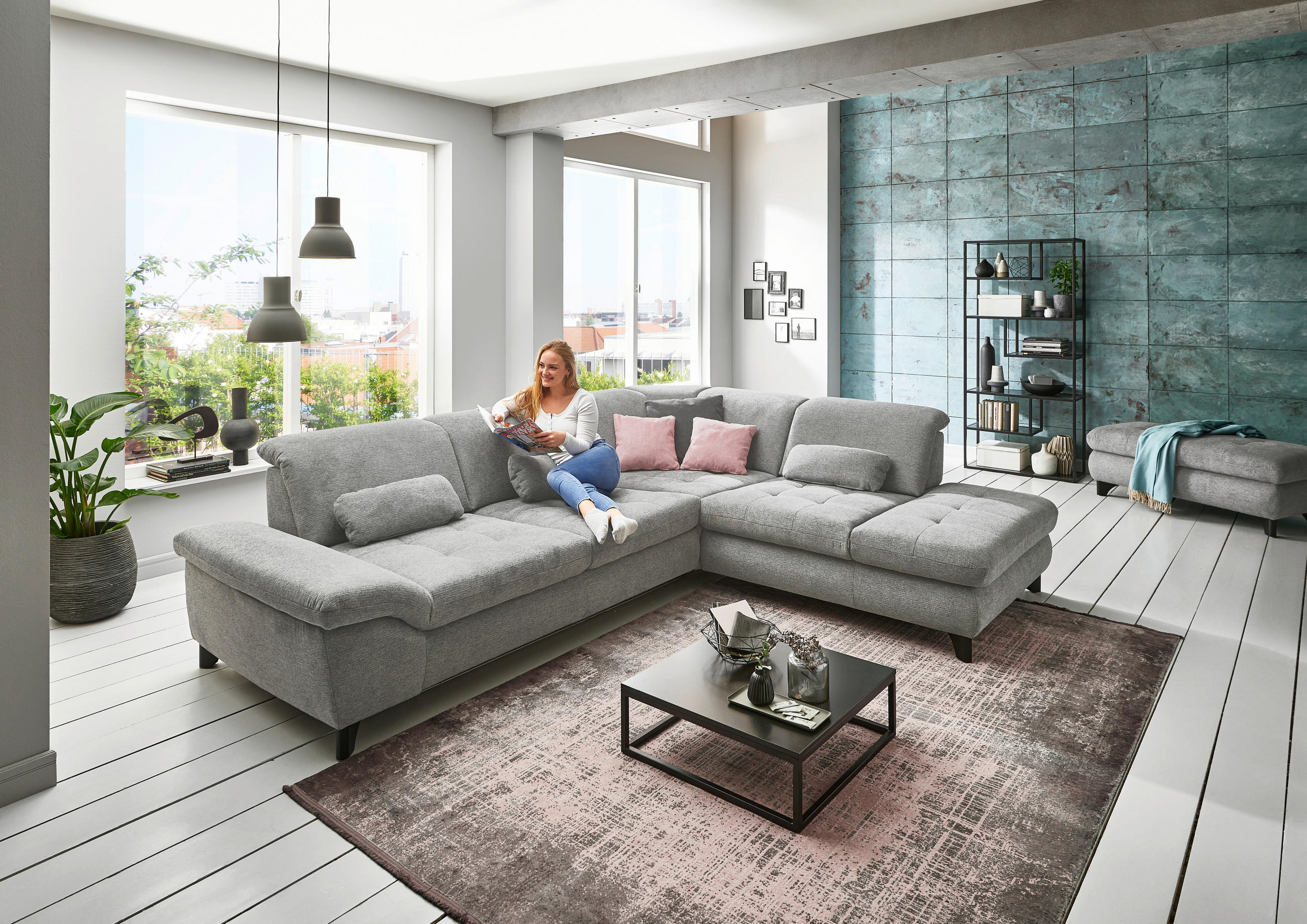 ECKSOFA Grau Webstoff - Chromfarben/Grau, Design, Textil/Metall (319/260cm) - Beldomo Style