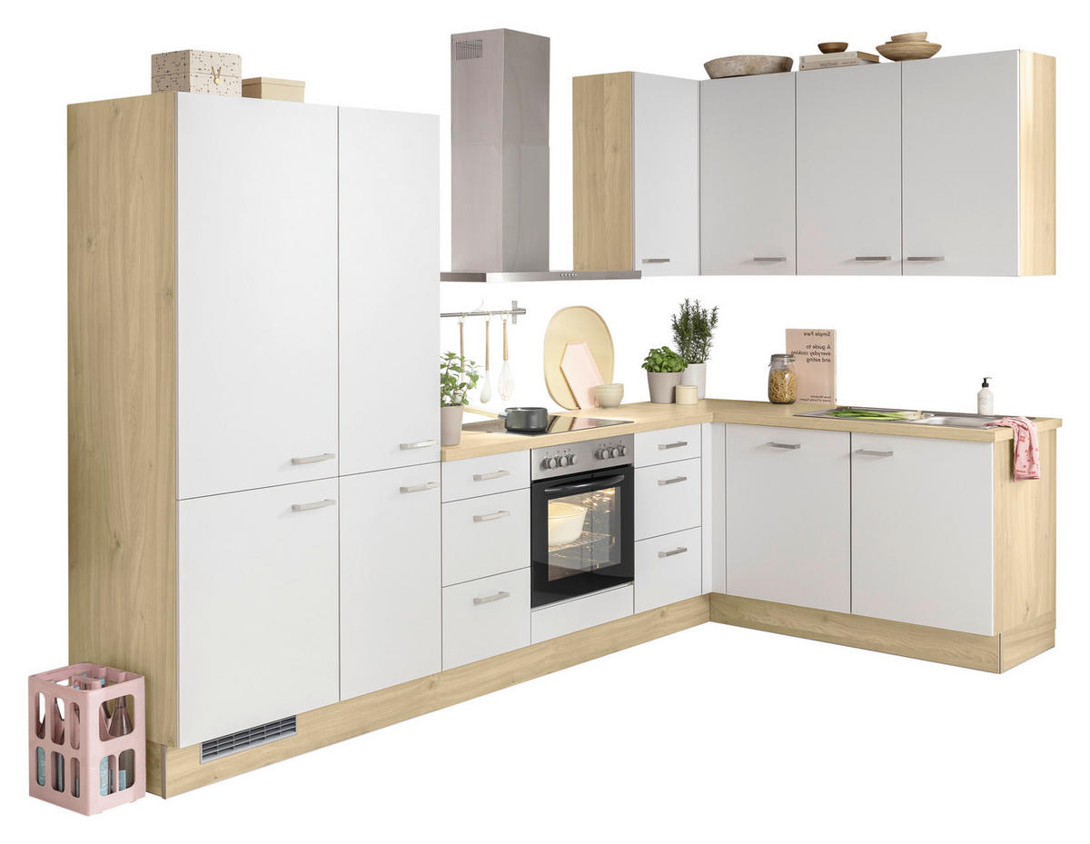 ECKKÜCHE 320/185 cm  in Eichefarben, Hellgrau  - Edelstahlfarben/Eichefarben, Basics, Holzwerkstoff/Metall (320/185cm) - Venda