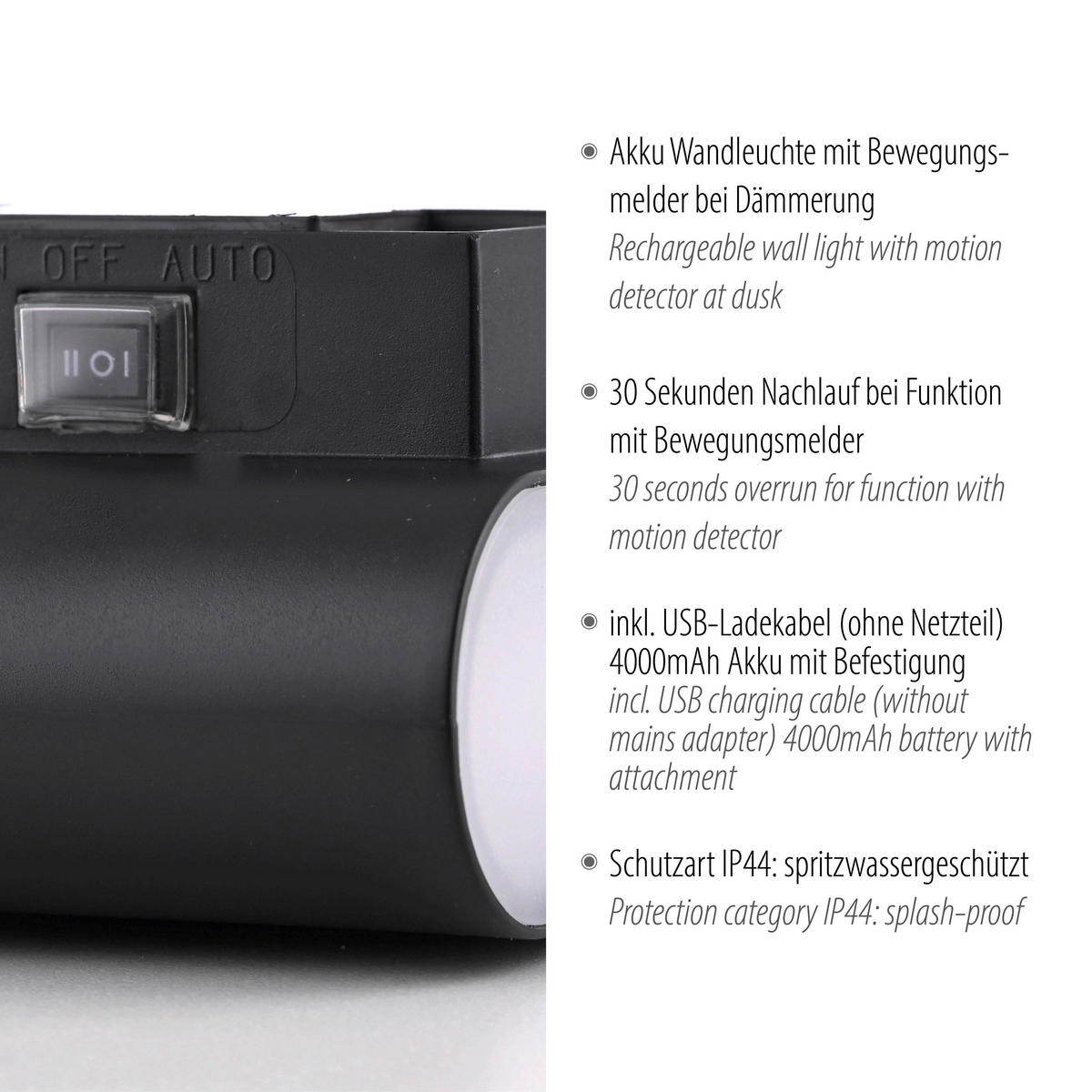 AKKU-WANDLEUCHTE 16/6,5/9,5 cm   - Schwarz, Design, Kunststoff/Metall (16/6,5/9,5cm)