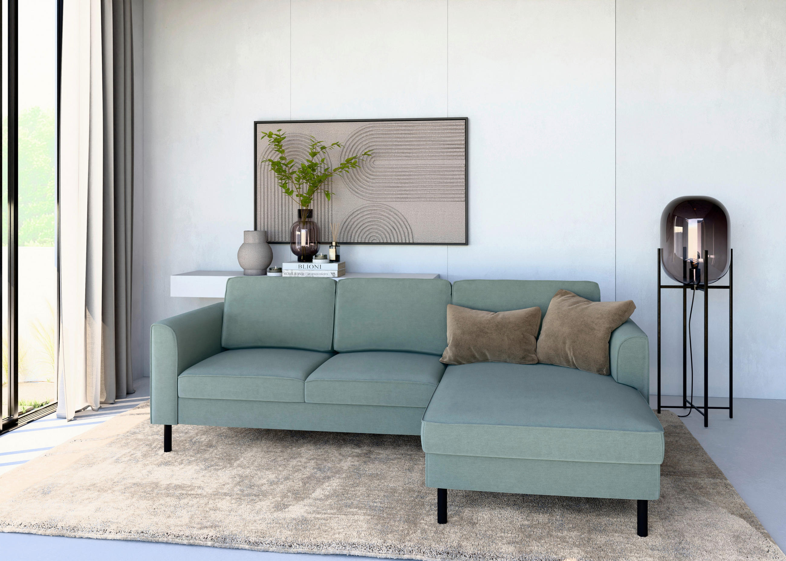 ECKSOFA  in Struktur Mintgrün  232/161 cm  - Schwarz/Mintgrün, MODERN, Textil/Metall (232/161cm) - Trendmanufaktur