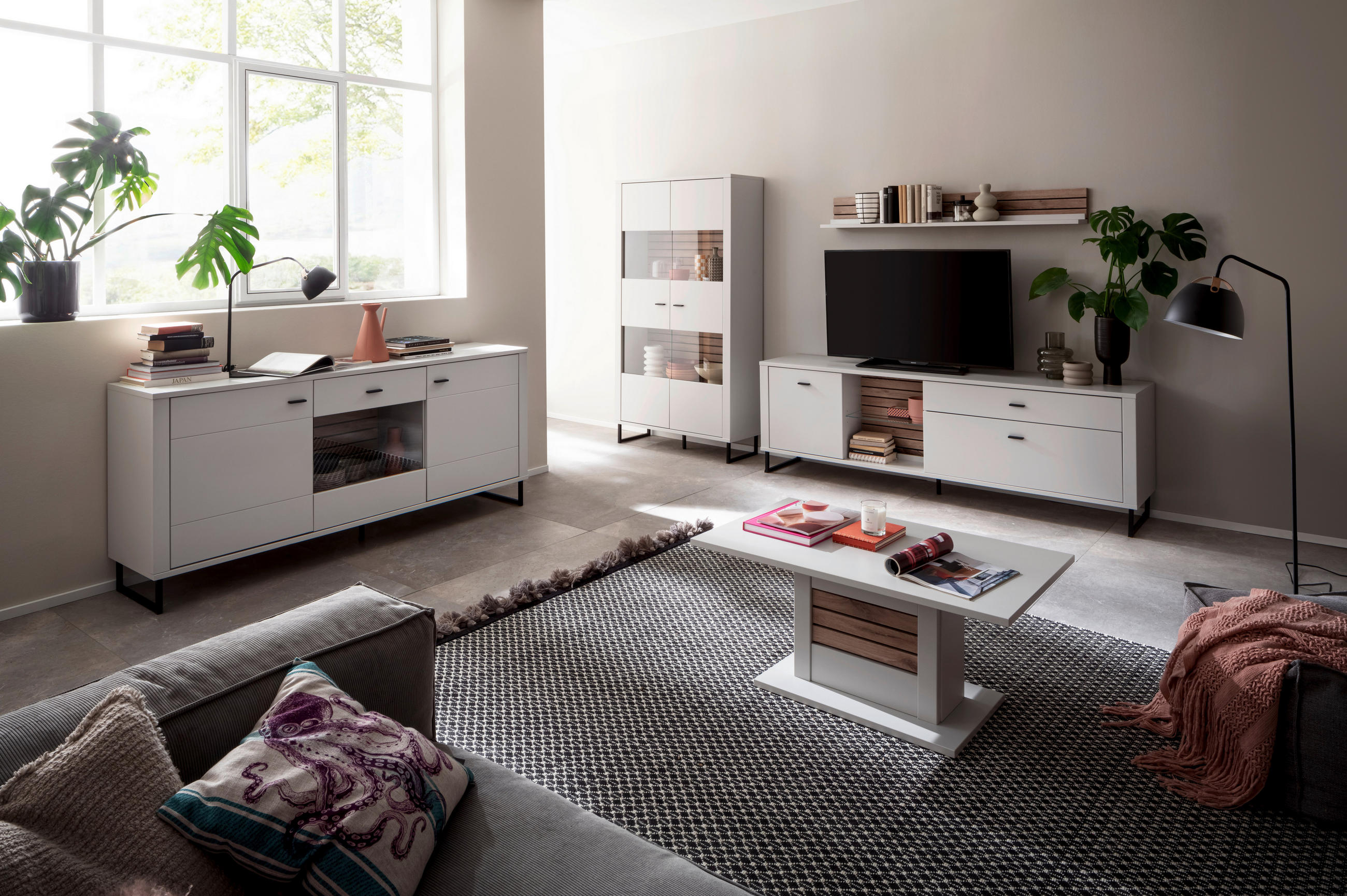 WOHNWAND  in Weiss, Eichefarben 326/185/44 cm  - Weiss/Eichefarben, Design, Glas/Holzwerkstoff (326/185/44cm) - Stylife