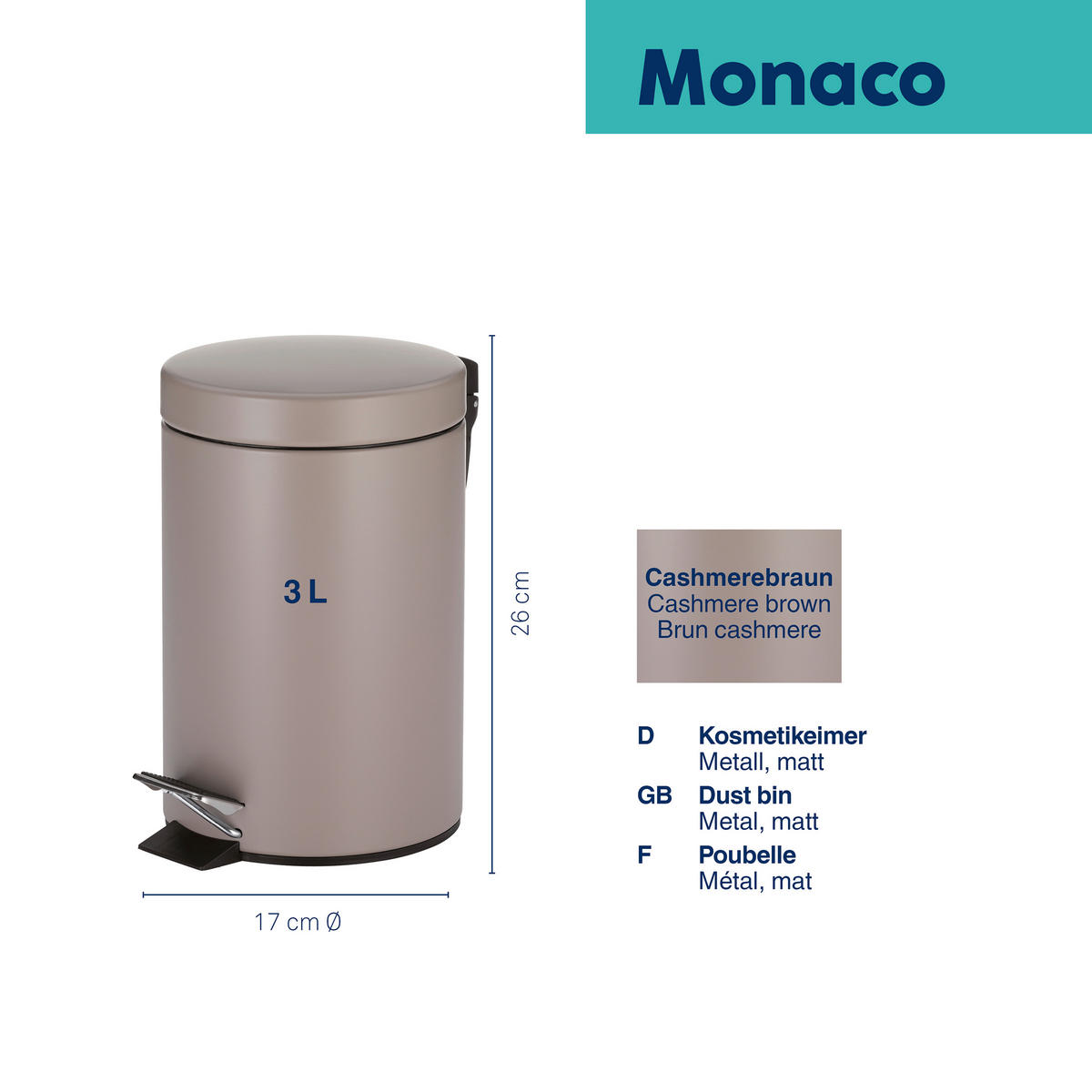 KOSMETIKEIMER MONACO 3 L  - Schwarz/Braun, Basics, Kunststoff/Metall (17/26cm) - Kela