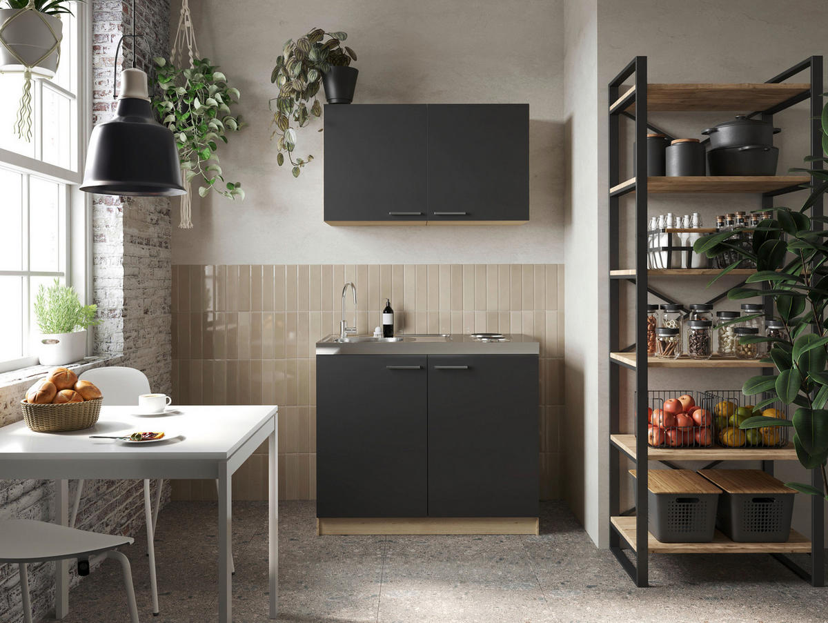 MINIKÜCHE 100 cm   in Schwarz, Eichefarben  - Eichefarben/Silberfarben, Basics, Holzwerkstoff/Metall (100cm) - Respekta