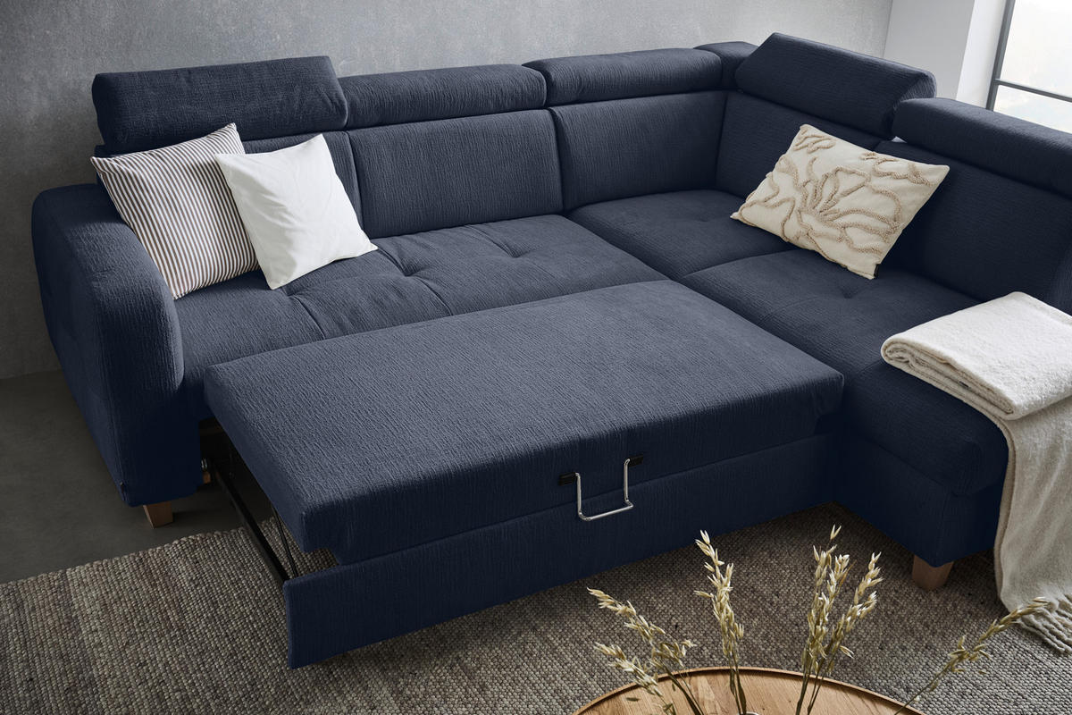 ECKSOFA inkl. Funktionen Dunkelblau Samt  - Bronzefarben/Dunkelblau, Design, Holz/Textil (261/206cm) - Venda