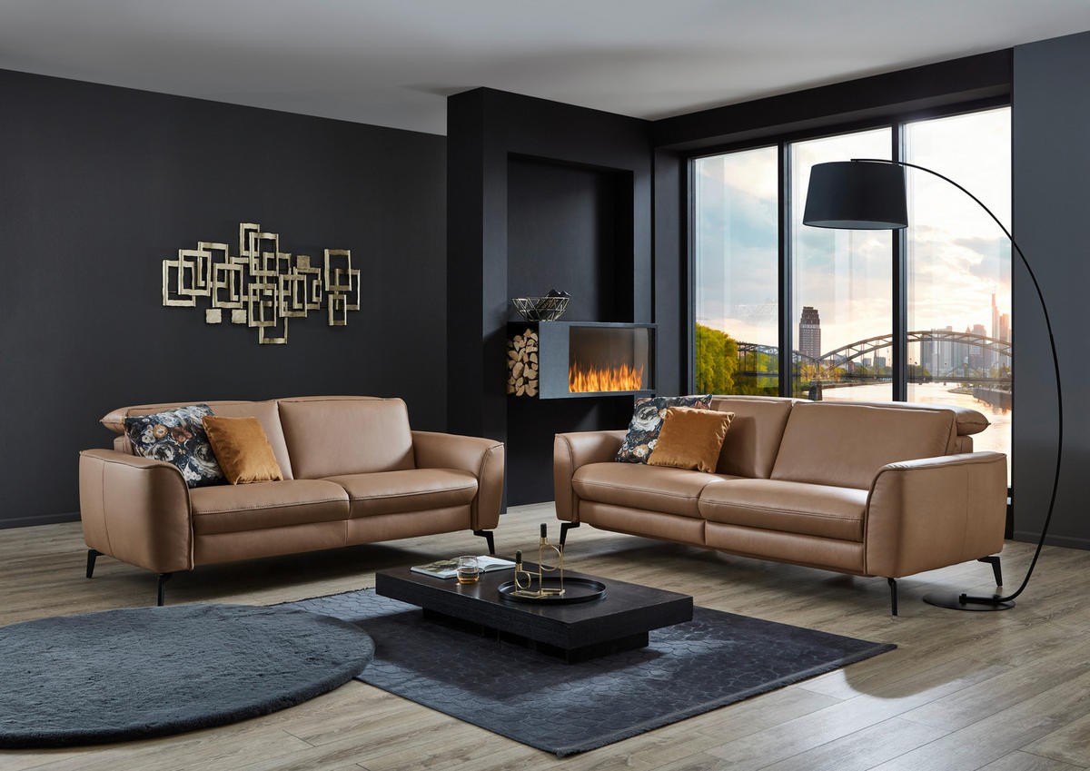 3-SITZER-SOFA in Echtleder Haselnussfarben  - Schwarz/Haselnussfarben, Natur, Leder/Metall (222/81/110cm) - Valdera