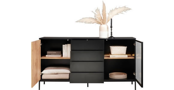 SIDEBOARD  in 153,6/83/38 cm  - Eiche Wotan/Schwarz, KONVENTIONELL, Glas/Holzwerkstoff (153,6/83/38cm) - Xora