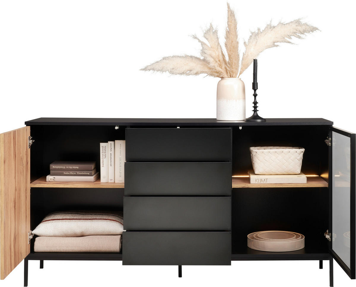 SIDEBOARD  in 153,6/83/38 cm  - Eiche Wotan/Schwarz, KONVENTIONELL, Glas/Holzwerkstoff (153,6/83/38cm) - Xora