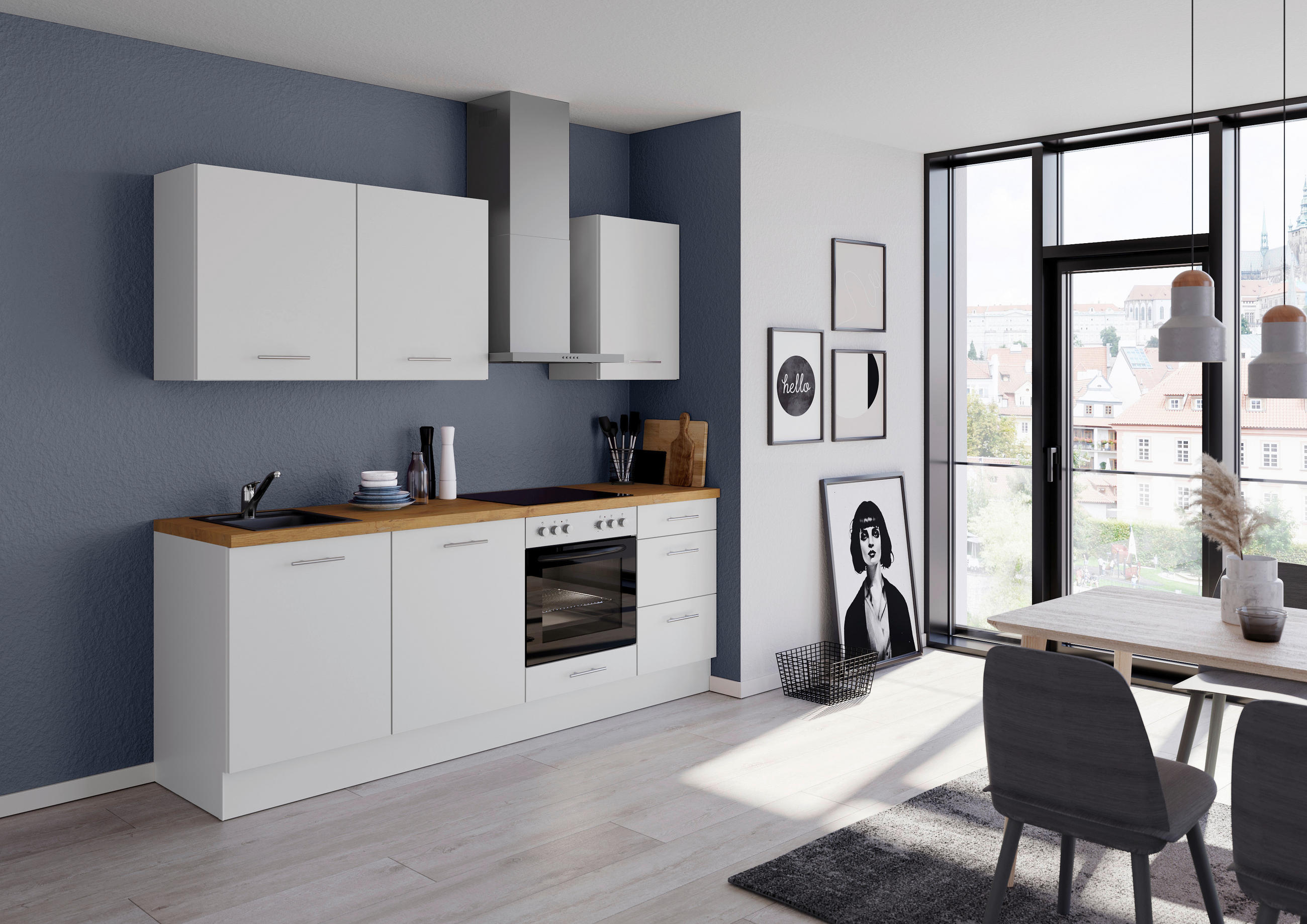 KÜCHENBLOCK 230 cm   in Weiß  - Edelstahlfarben/Eichefarben, Design, Holzwerkstoff/Metall (230cm) - Impuls