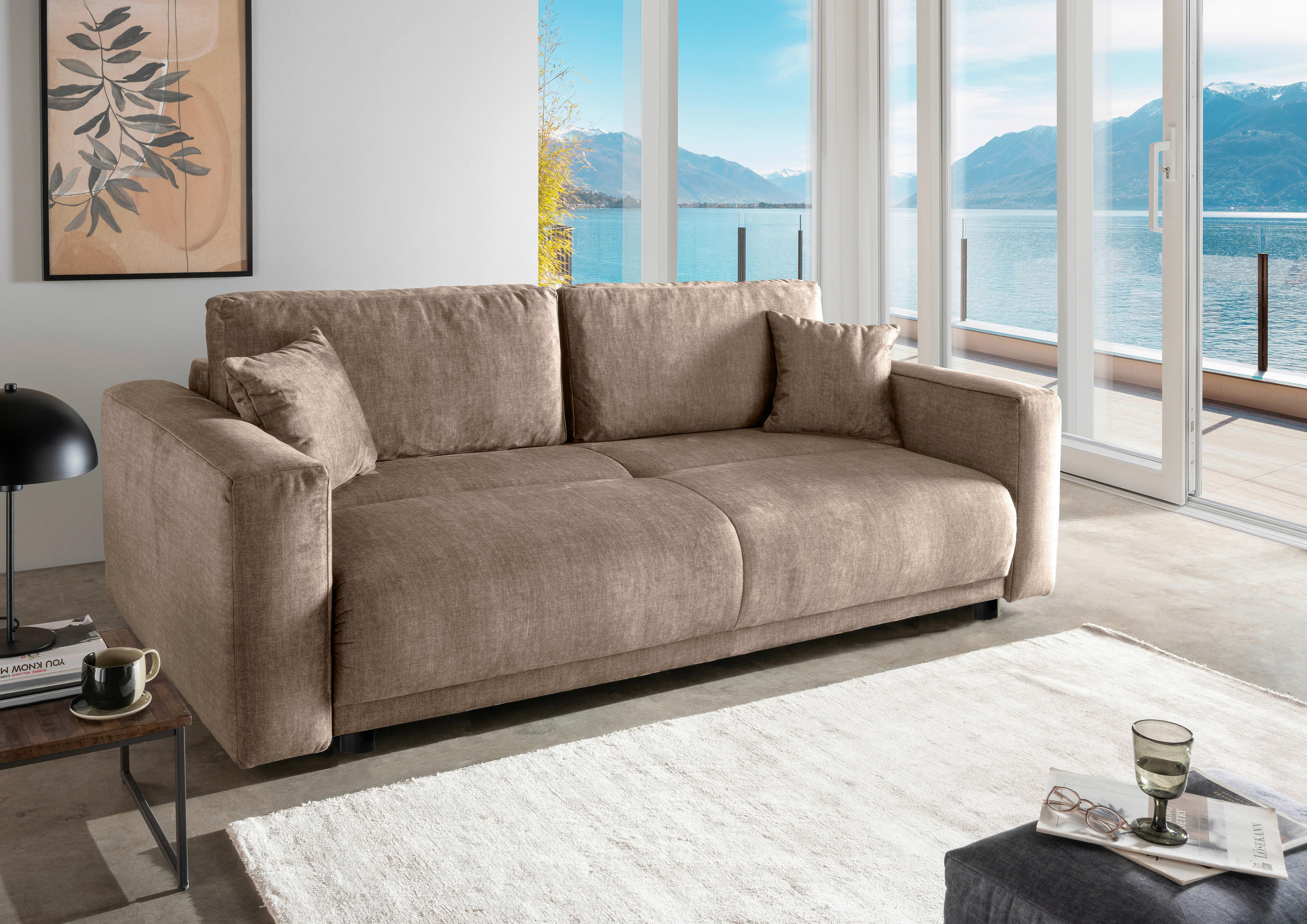 SCHLAFSOFA  mit Liegefunktion, Rücken echt Velours Hellbraun  - Hellbraun/Schwarz, MODERN, Kunststoff/Textil (245/86/126cm) - Livetastic