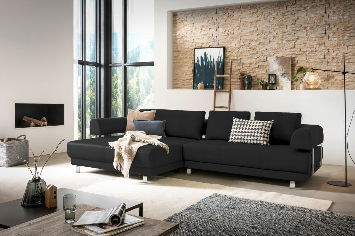 ECKSOFA in Echtleder Schwarz  - Schwarz, Design, Leder/Metall (188/307cm)