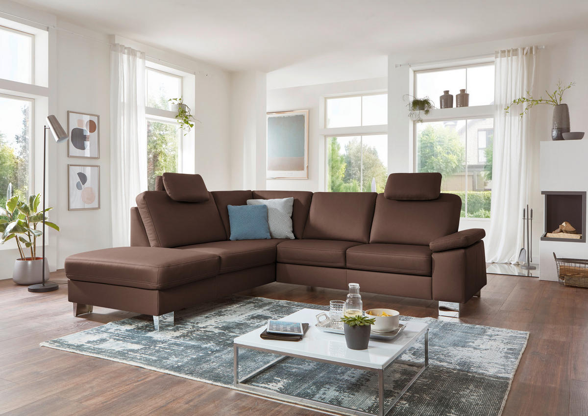ECKSOFA  in Echtleder Braun  235/248 cm  - Alufarben/Braun, Design, Leder/Metall (235/248cm) - Beldomo Premium