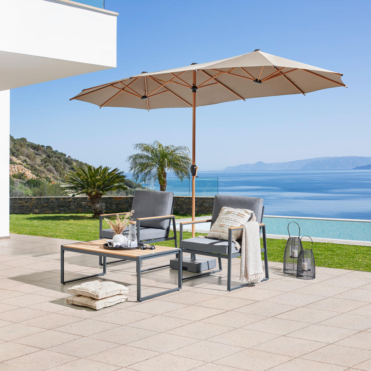 DVOJITÝ SLUNEČNÍK 208/236/400 cm - šedohnědá, Moderní, kov/textil (208/236/400cm) - Ambia Garden