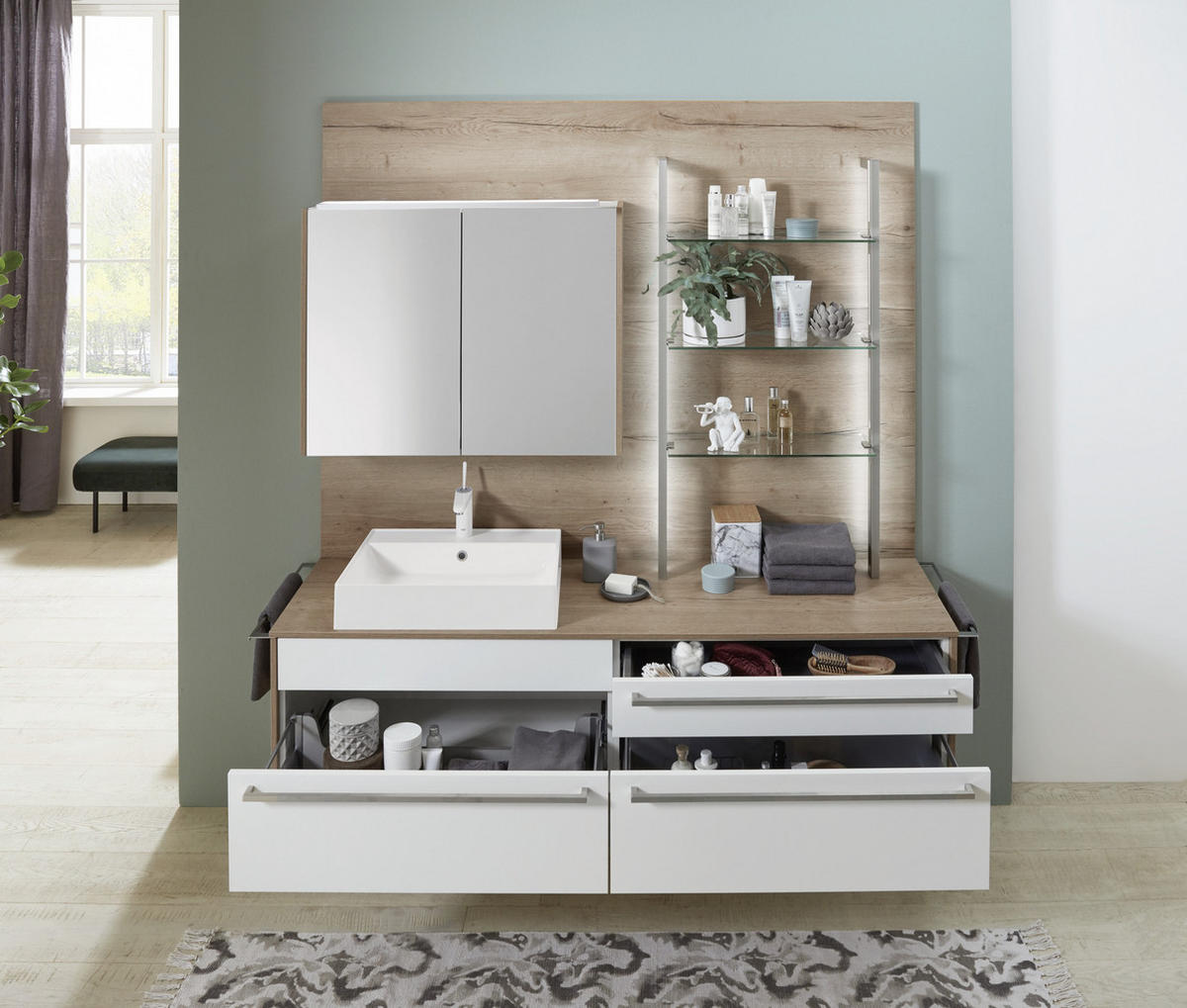 BADEZIMMER  in 197,8 cm  - Weiss/Eichefarben, Modern, Glas/Holzwerkstoff (197,8cm) - Celina Home