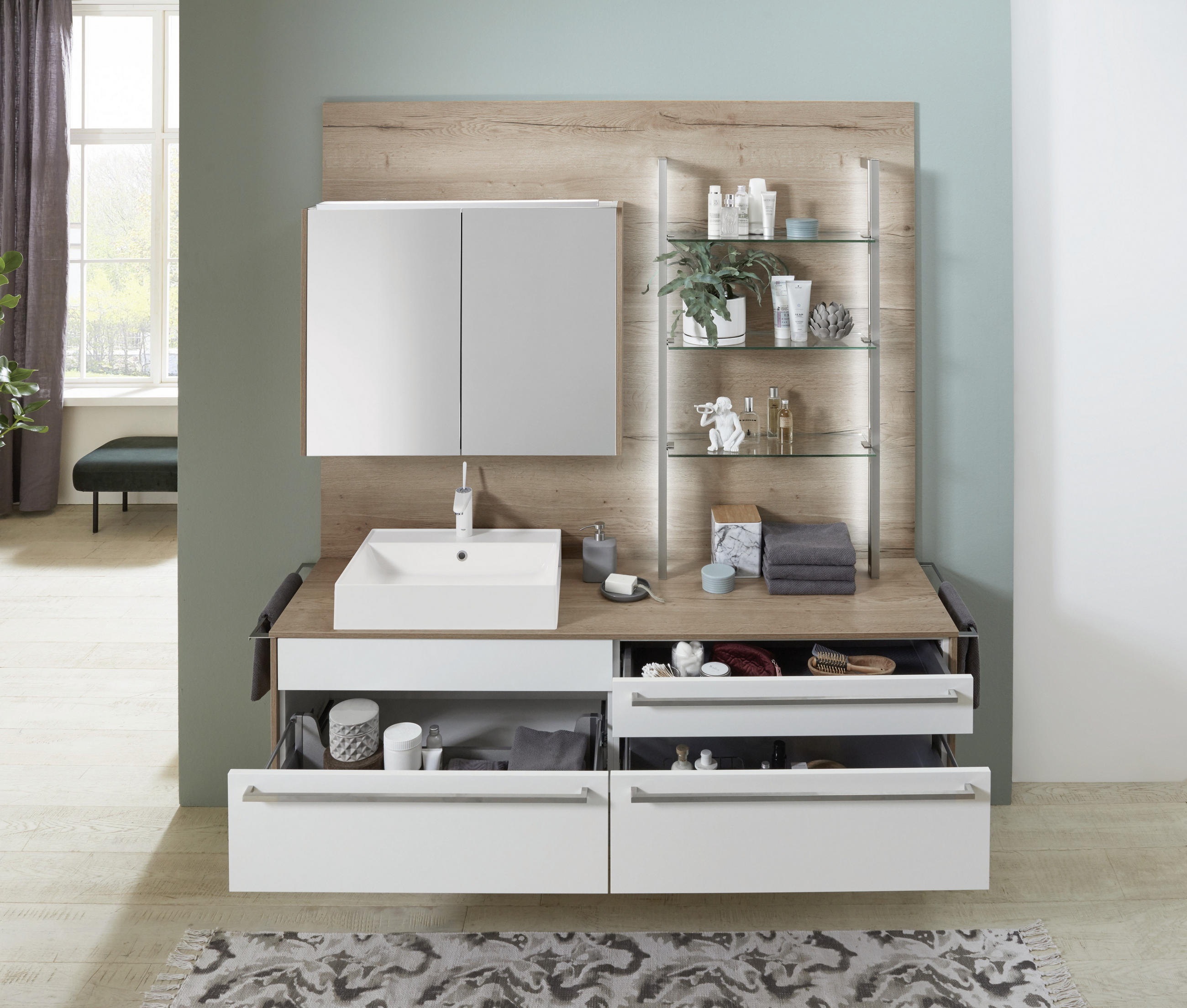 Thumbnail - Celina Home Badezimmer, Weiß, Eiche, Glas, Holzwerkstoff, 3 Schublade(n) Schubladen, 197.8 cm, Blauer Engel, Pefc, Golde...