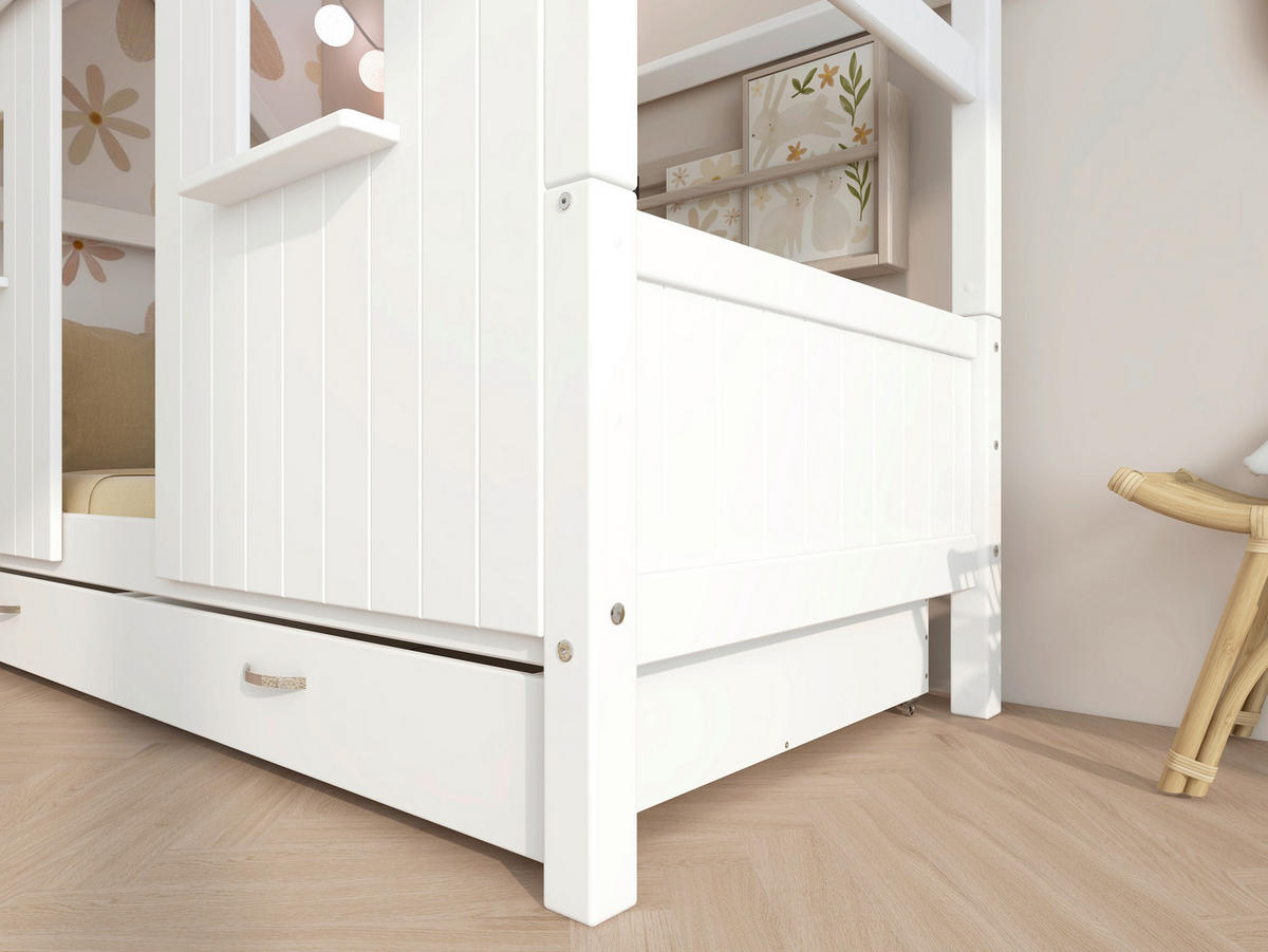 HAUSBETT 90/200 cm,  in Weiß, Rollrost, Bettschublade  - Weiß, MODERN, Holz (90/200cm) - Chameo