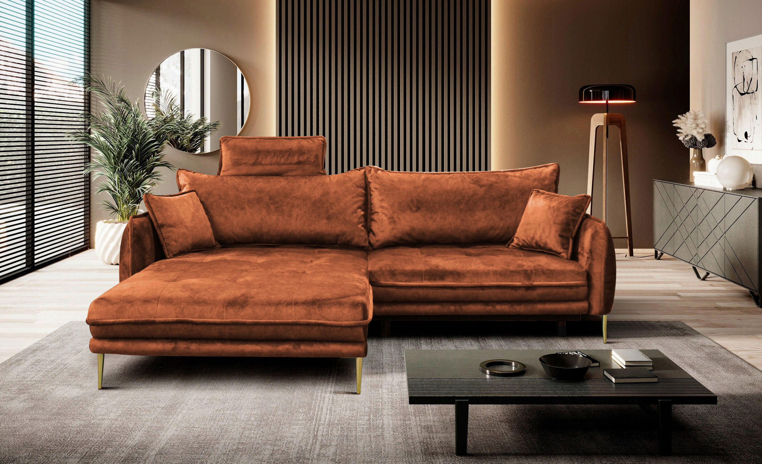 ECKSOFA Rostfarben Velours Bettkasten  - Rostfarben/Goldfarben, Design, Textil/Metall (196/264cm) - P & B