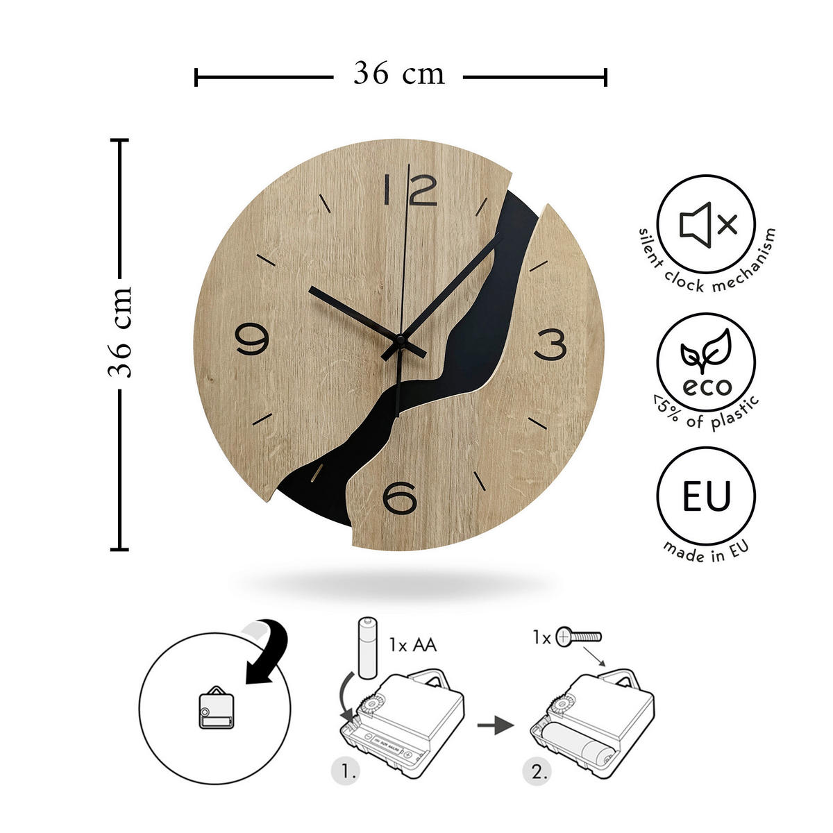 WANDUHR Schwarz, Eichefarben  - Eichefarben/Schwarz, Basics, Holz/Kunststoff (36cm)