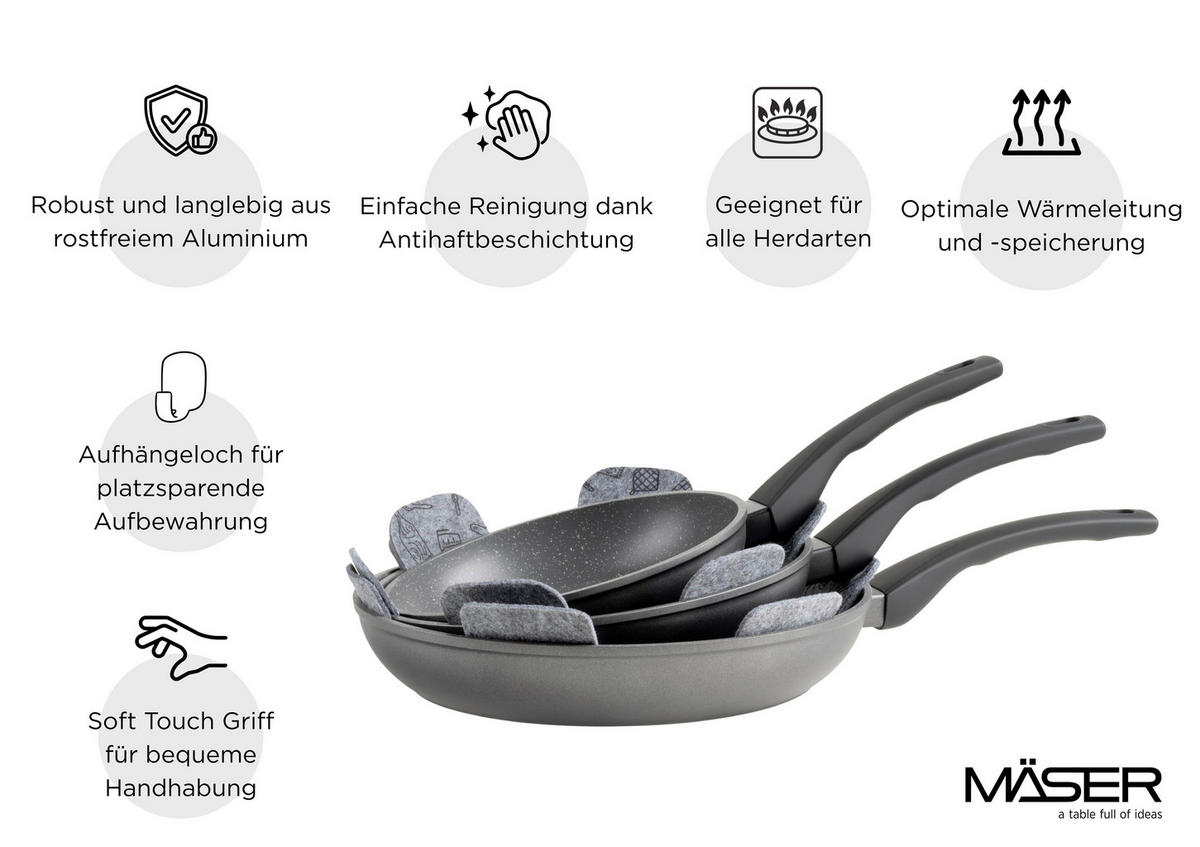 PFANNENSET LEONIS Aluminium 3-teilig  - Schwarz, Basics, Metall - Mäser