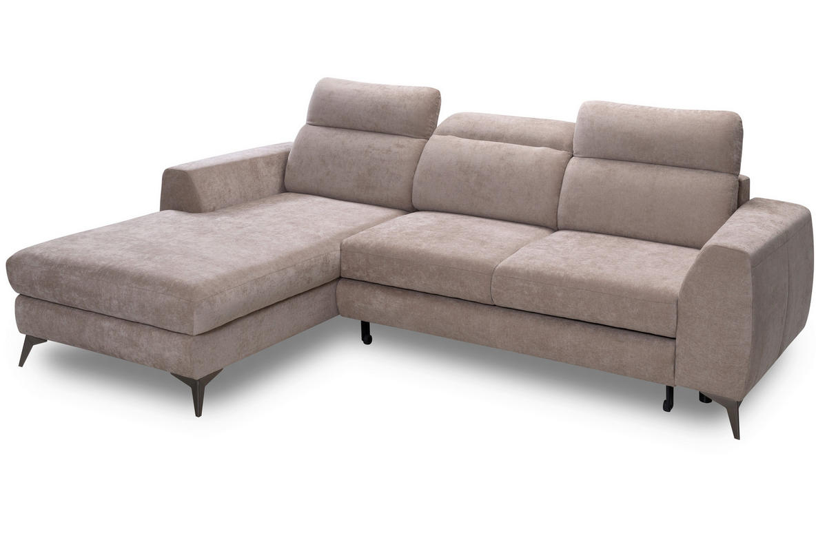 ECKSOFA MUENSTER Beige Chenille Bettkasten, Schlaffunktion, Kopfteilverstellung, Liegefläche im Originalstoff  - Beige/Schwarz, Basics, Textil/Metall (191/264cm) - Livetastic