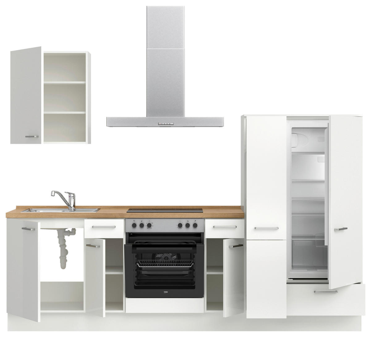 KÜCHENLEERBLOCK 270 cm   in Eichefarben, Weiß Hochglanz  - Edelstahlfarben/Eichefarben, MODERN, Holzwerkstoff/Metall (270cm) - Nobilia