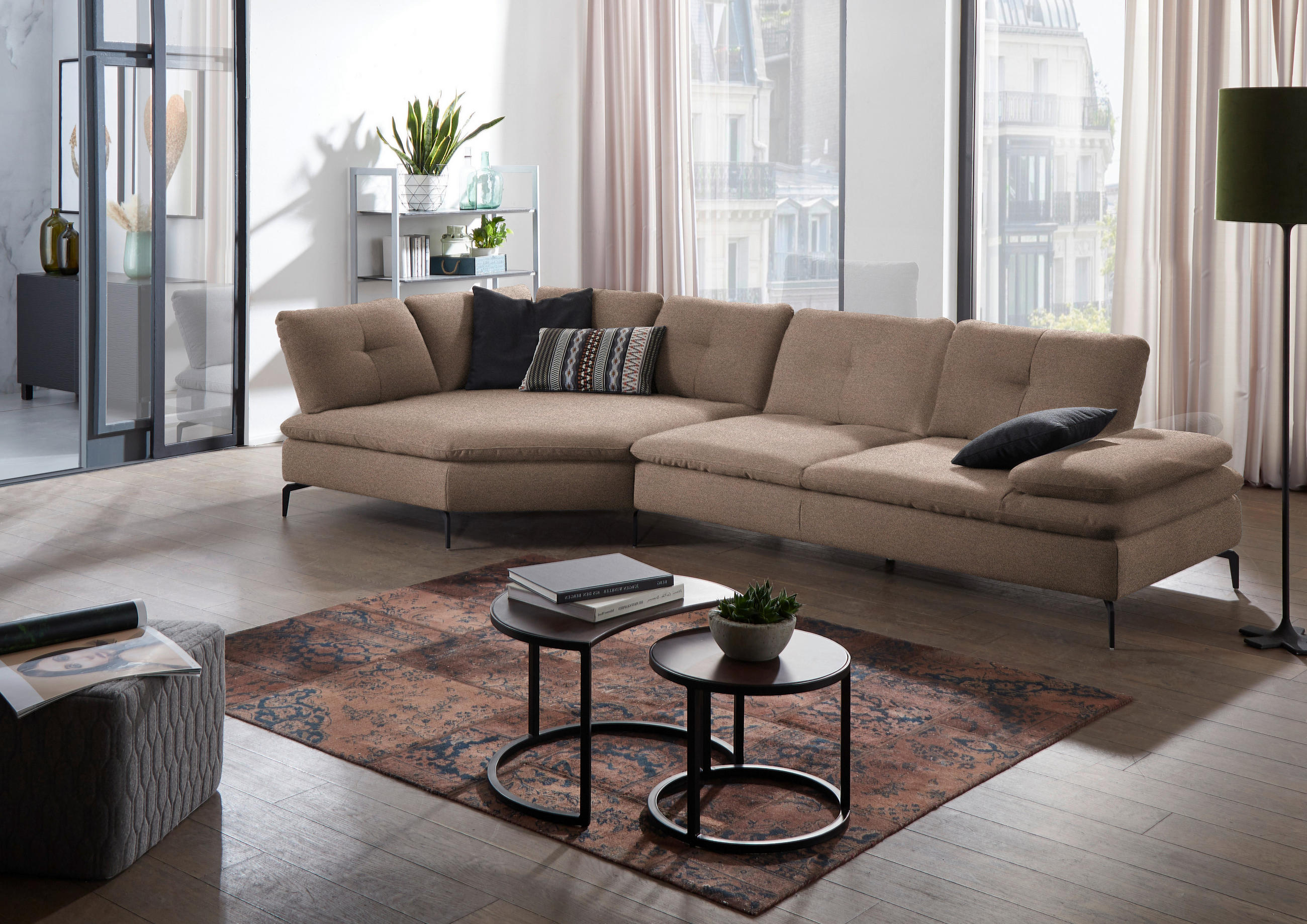 ECKSOFA in Flachgewebe Graubraun  - Graubraun/Schwarz, Design, Textil/Metall (157/344cm) - Chilliano