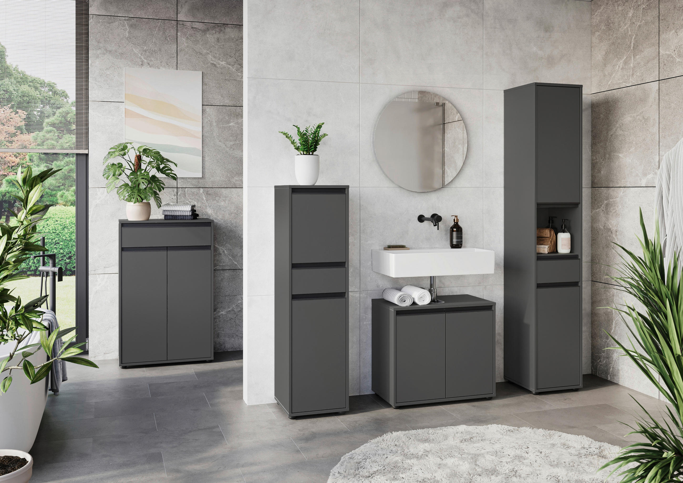 Thumbnail - Germania Unterschrank, Graphit, Metall, 2 Fächer, 1 Schublade(n) Schubladen, 63x98x34 cm, stehend, Badezimmer, Badezimme...