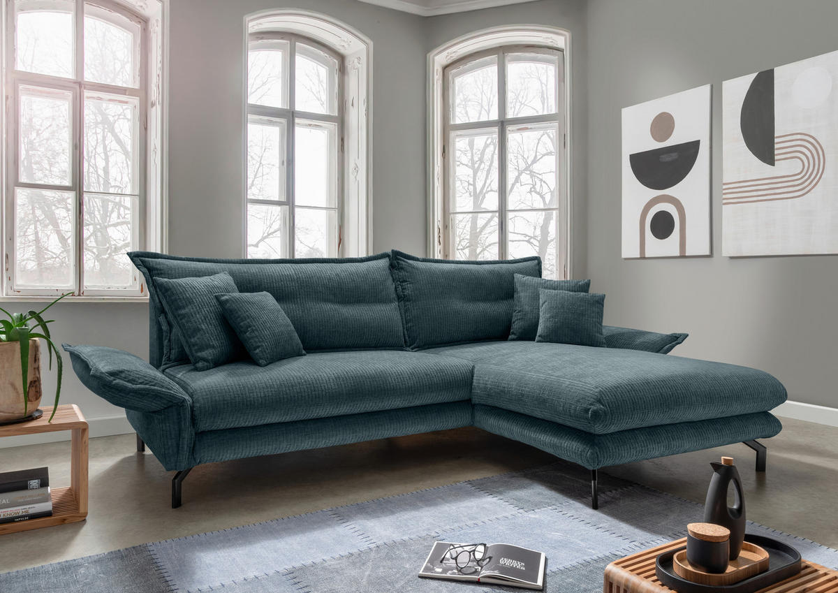 ECKSOFA in Velours Blau  - Blau/Schwarz, Design, Textil/Metall (255/180cm) - Livetastic
