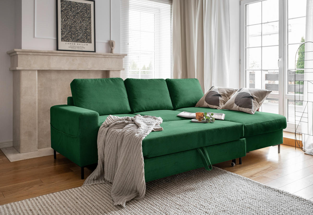 ECKSOFA in Cord Smaragdgrün  236/148 cm  - Smaragdgrün/Schwarz, Design, Textil/Metall (236/148cm) - MID.YOU