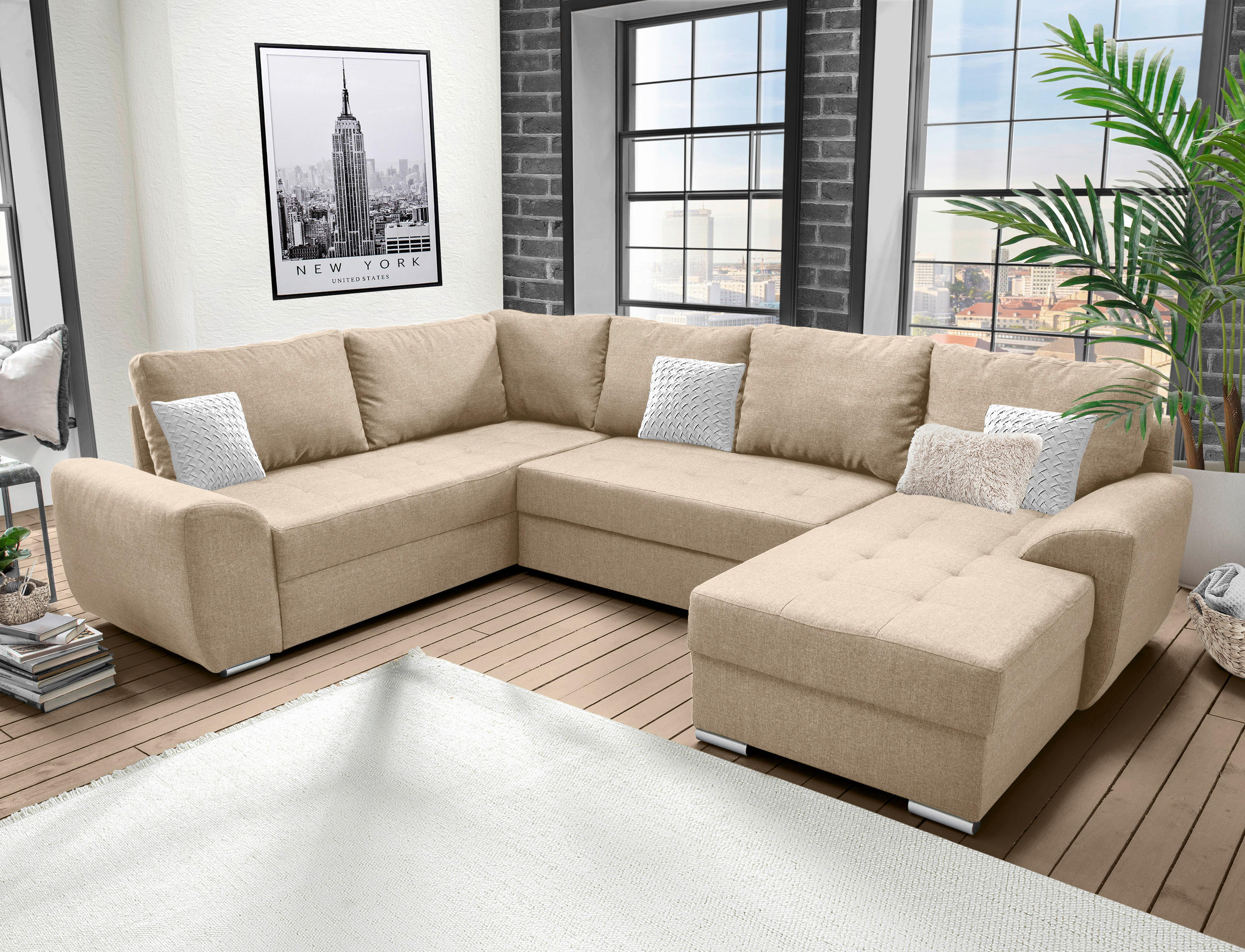 SAROKGARNITÚRA textil bézs  - bézs/króm, Konventionell, textil/fém (218/292/156cm) - Livetastic