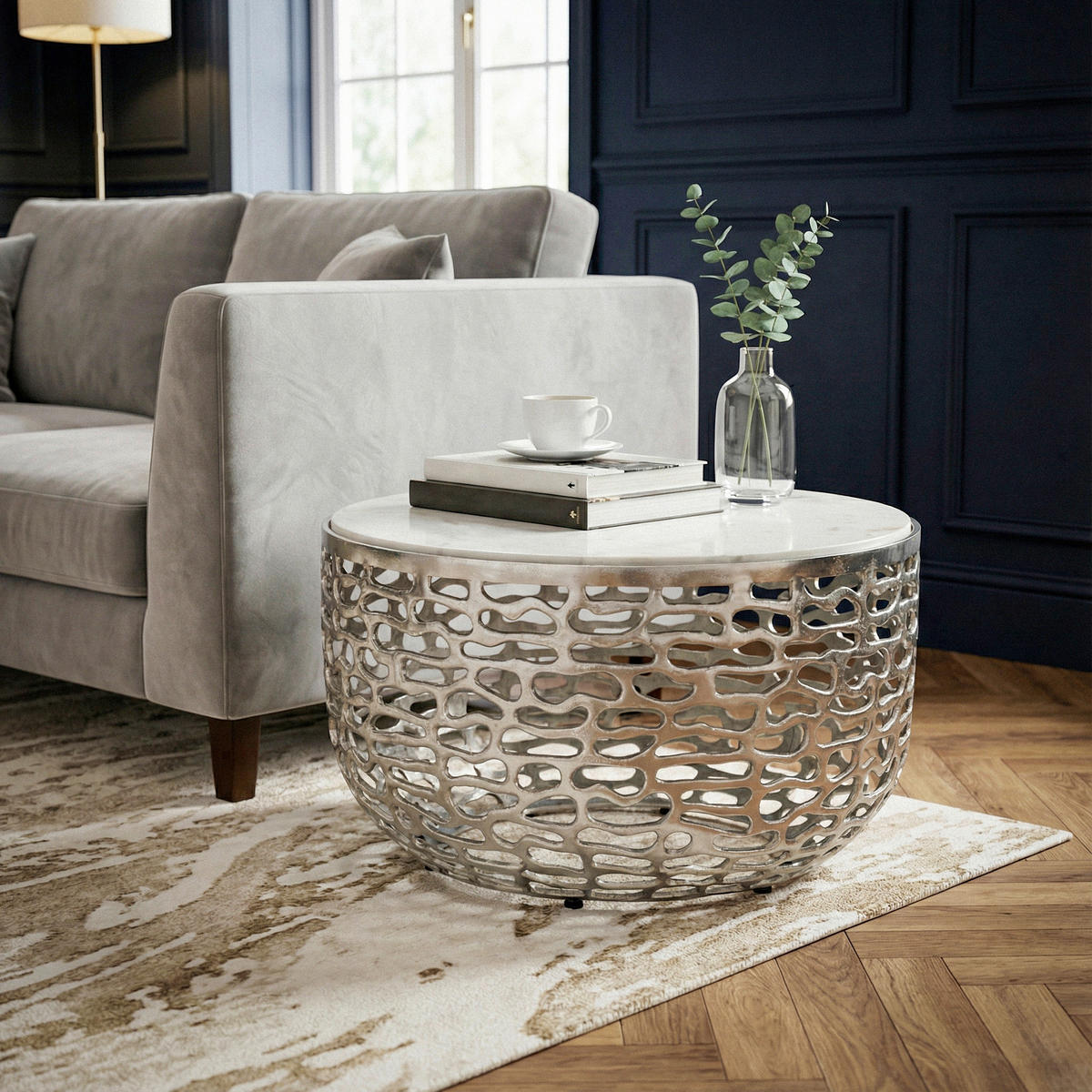 COUCHTISCH 60/60/35 cm rund Silberfarben  - Silberfarben, Design, Stein/Metall (60/60/35cm) - Livetastic