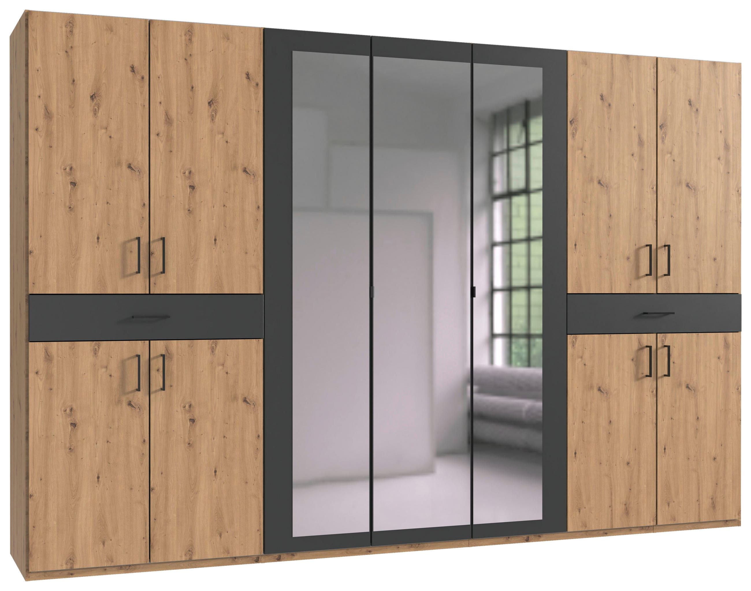 DREHTÜRENSCHRANK in Graphitfarben, Eiche Artisan  - Schwarz/Graphitfarben, Konventionell, Glas/Holzwerkstoff (313/208/58cm) - Carryhome