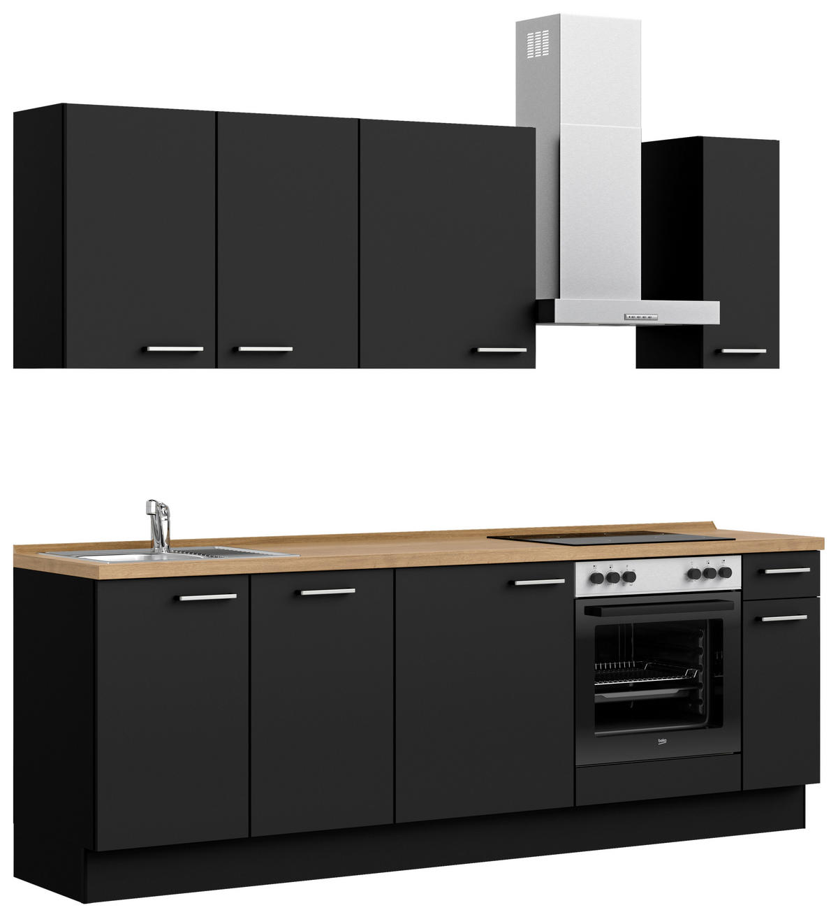 KÜCHENBLOCK 240 cm   in Schwarz, Eichefarben  - Edelstahlfarben/Eichefarben, MODERN, Holzwerkstoff/Metall (240cm) - Nobilia