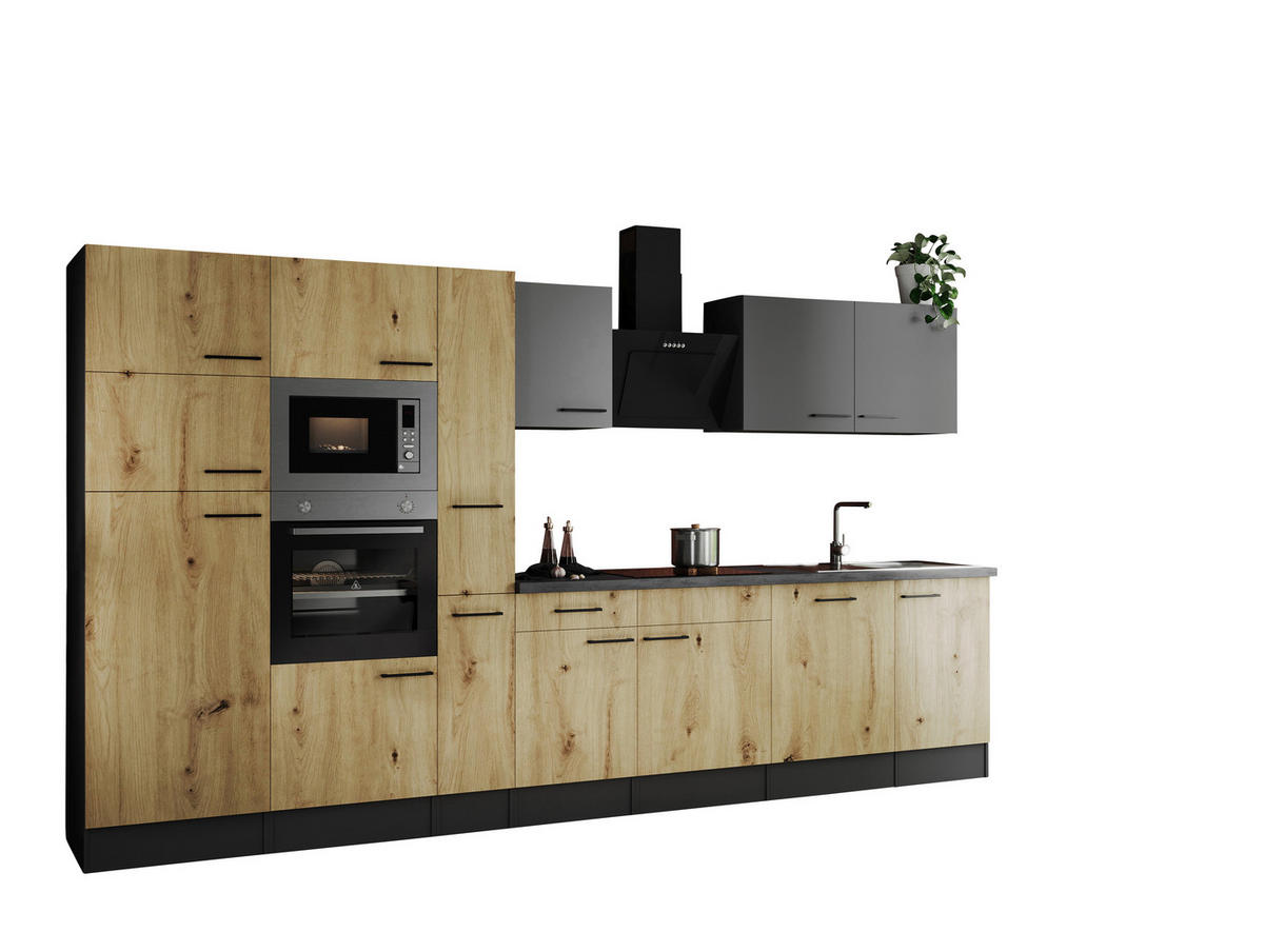 KÜCHENBLOCK 370 cm   in Grau, Eiche Artisan  - Schwarz/Eiche Artisan, Design, Holzwerkstoff/Metall (370cm) - Respekta
