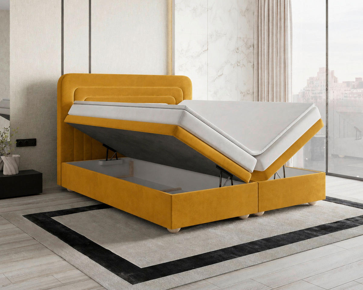 BOXBETT 140/200 cm,  in Currygelb, gepolstertes Kopfteil, Bettkasten, Topper, H2 + H3 = mittel + fest  - Currygelb, MODERN, Holz/Kunststoff (140/200cm) - Livetastic