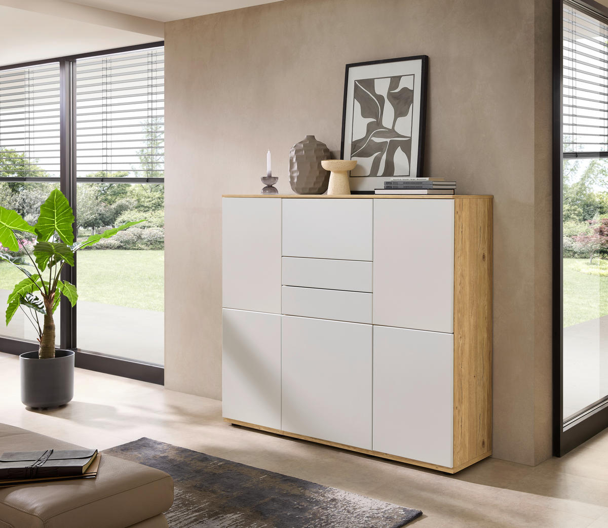 HIGHBOARD Weiß, Eichefarben  150/131/40 cm  - Eichefarben/Schwarz, KONVENTIONELL, Holzwerkstoff/Kunststoff (150/131/40cm) - Venda