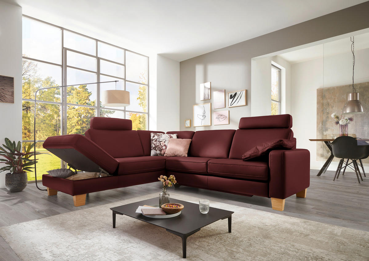 ECKSOFA in Echtleder Brombeere  - Eiche Bianco/Brombeere, Konventionell, Leder/Holz (235/257cm) - Valdera