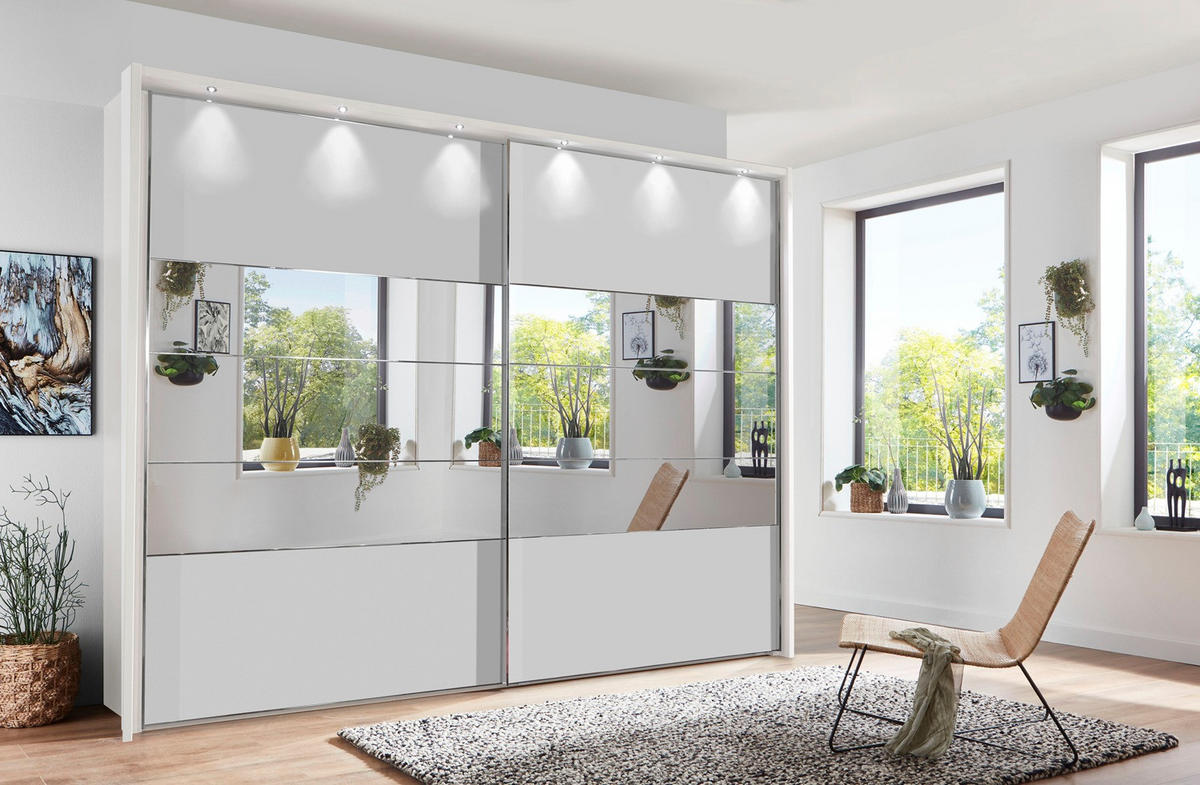 Dulap Cu Uși Culisante, 300/236/67 cm, alb - alb, Design, sticlă/material pe bază de lemn (300/236/67cm) - Voleo