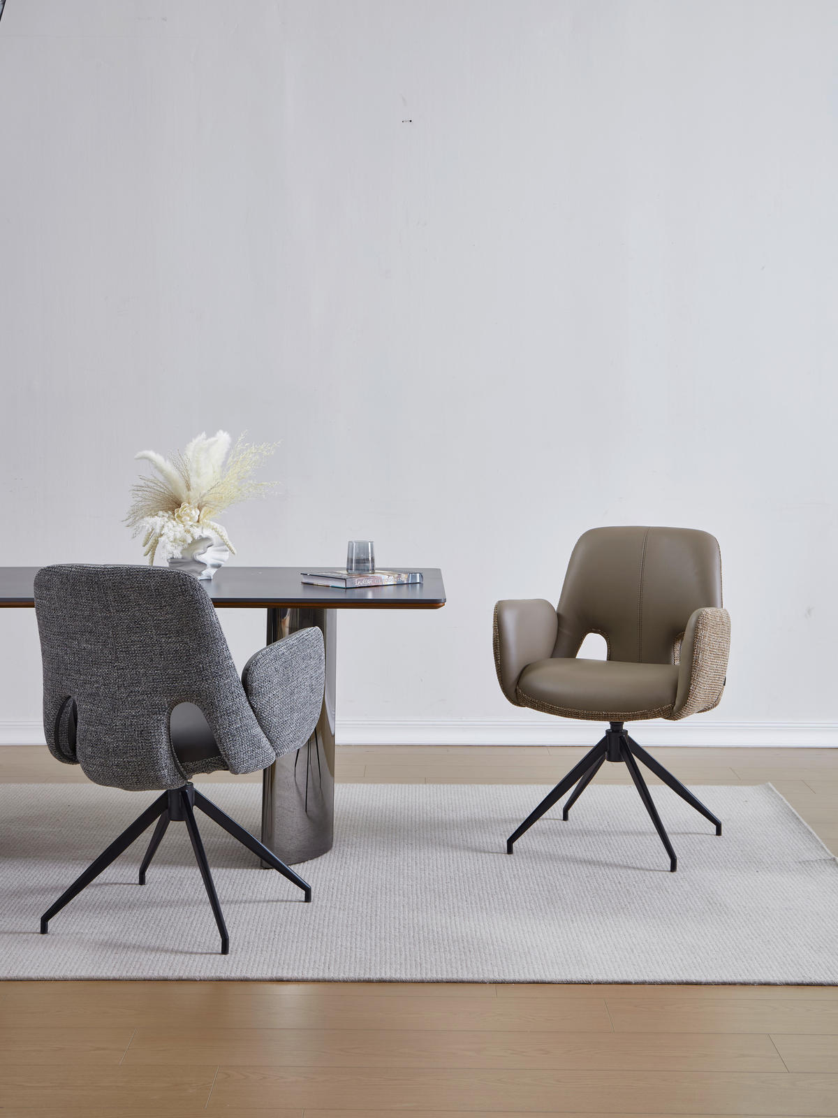 ARMLEHNSTUHL  Sitzfläche 360° drehbar, automatische Rückholfunktion Leinenoptik Echtleder  - Schwarz/Braun, Design, Leder/Textil (60/85/62cm) - Dieter Knoll