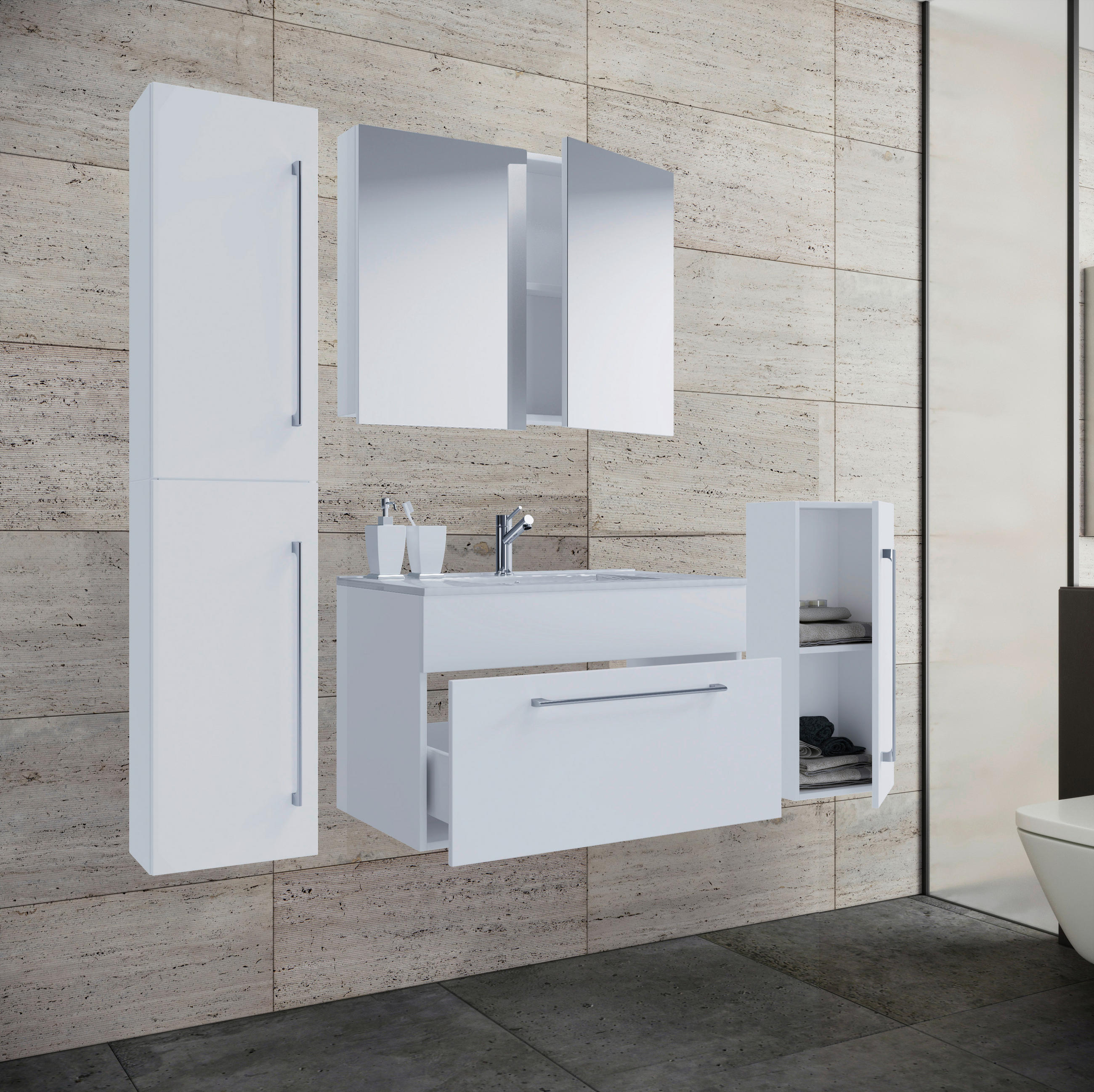 BADEZIMMER 5-teilig  in 126 cm  - Alufarben/Weiß, MODERN, Keramik/Holzwerkstoff (126cm) - MID.YOU